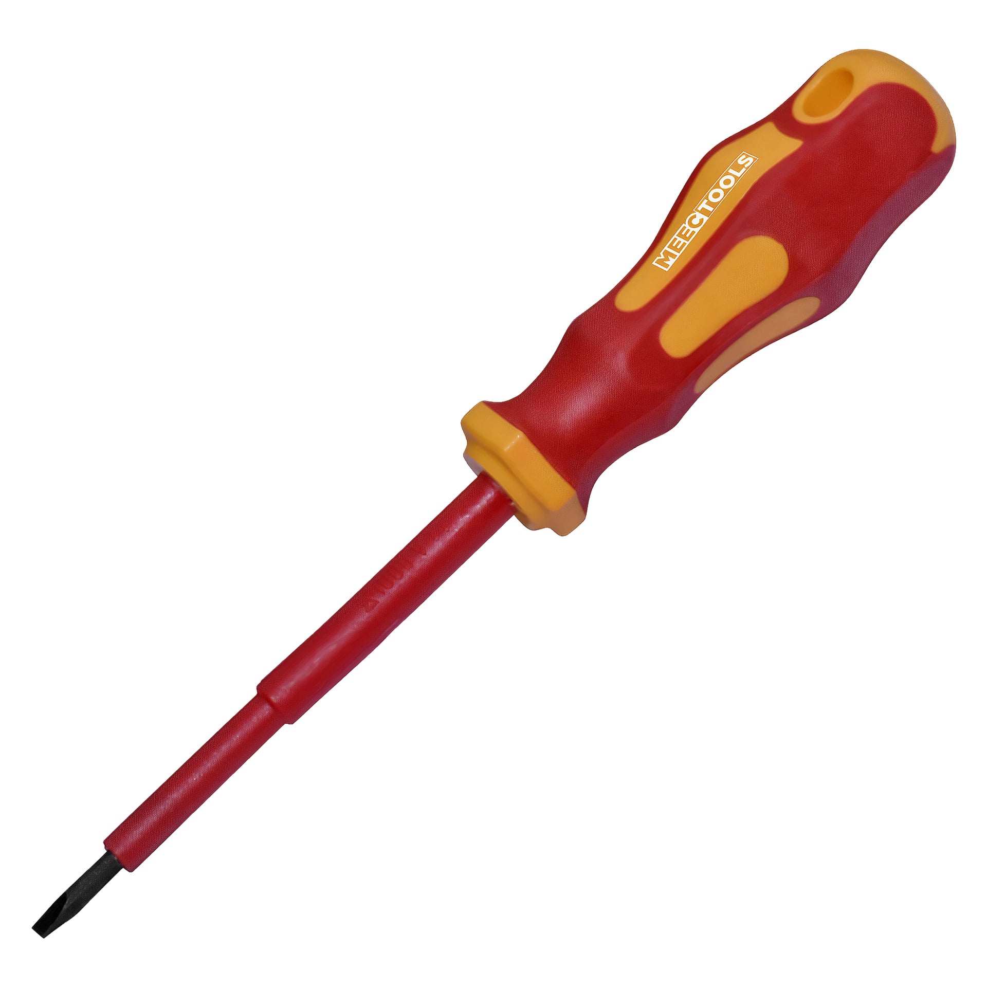 En isolert flat skrutrekker fra Meec Tools med rødt og gult håndtak og et teksturert grep designet for elektriske oppgaver.