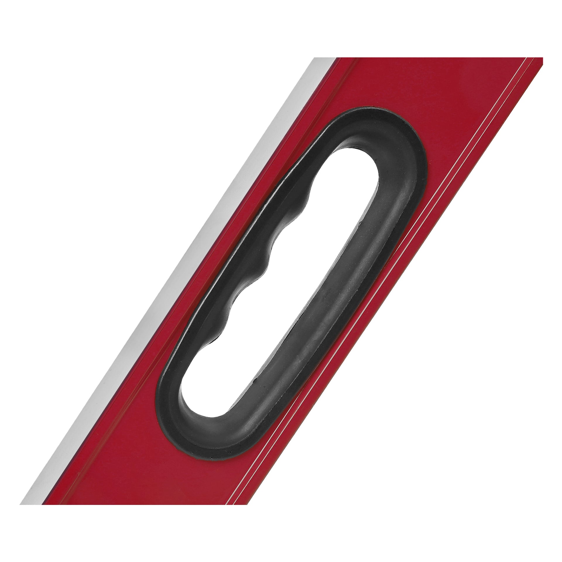 Detaljerad vy av en röd Meec Tools Spirit Level, som framhäver det svarta handtaget med konturerade fingerspår för bättre grepp. Bilden betonar handtagssektionen och en del av nivåns raka kant.