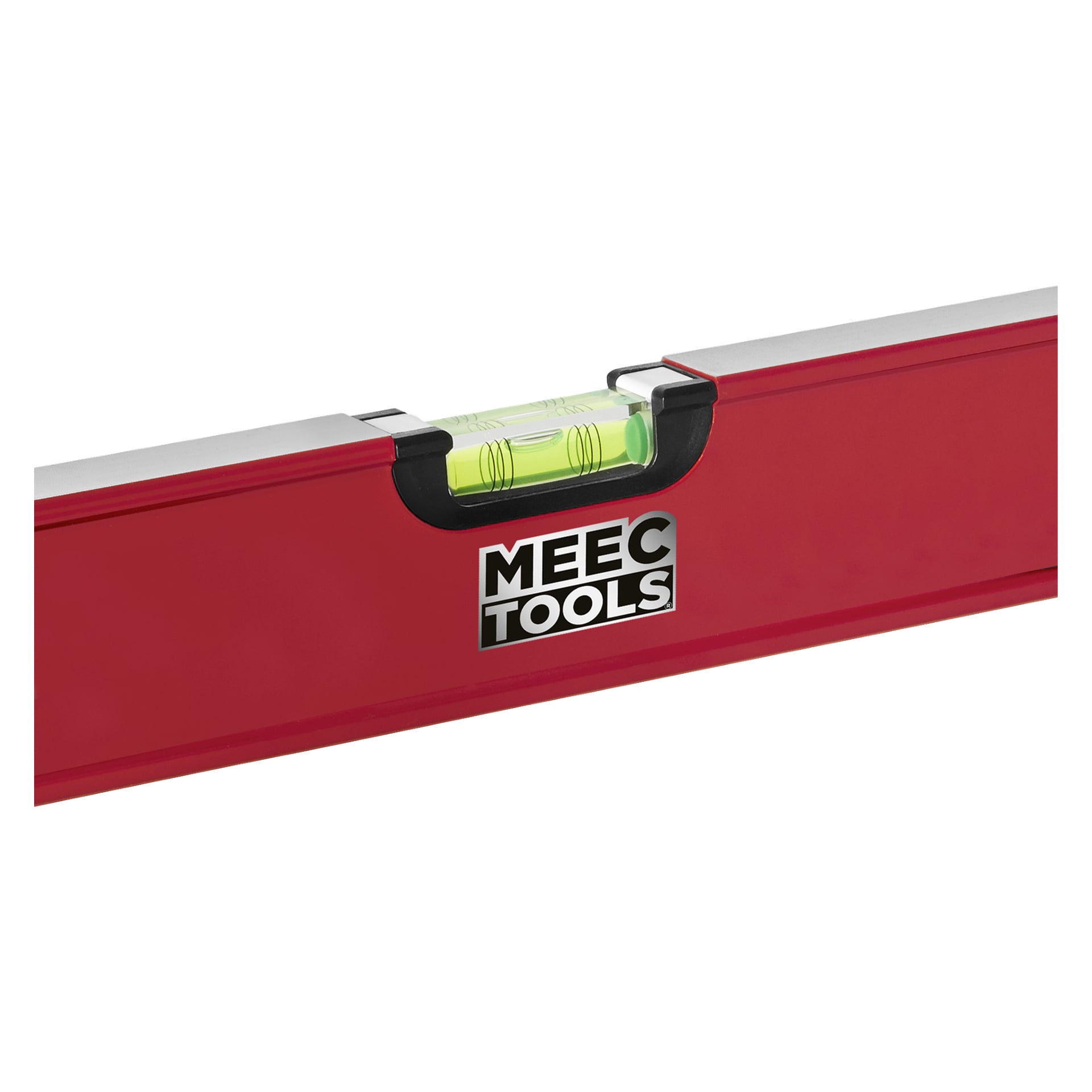 Et nærbilde av en rød Meec Tools spritvater med en grønn bobleflaske og merkevarelogoen i svart og hvitt på siden.