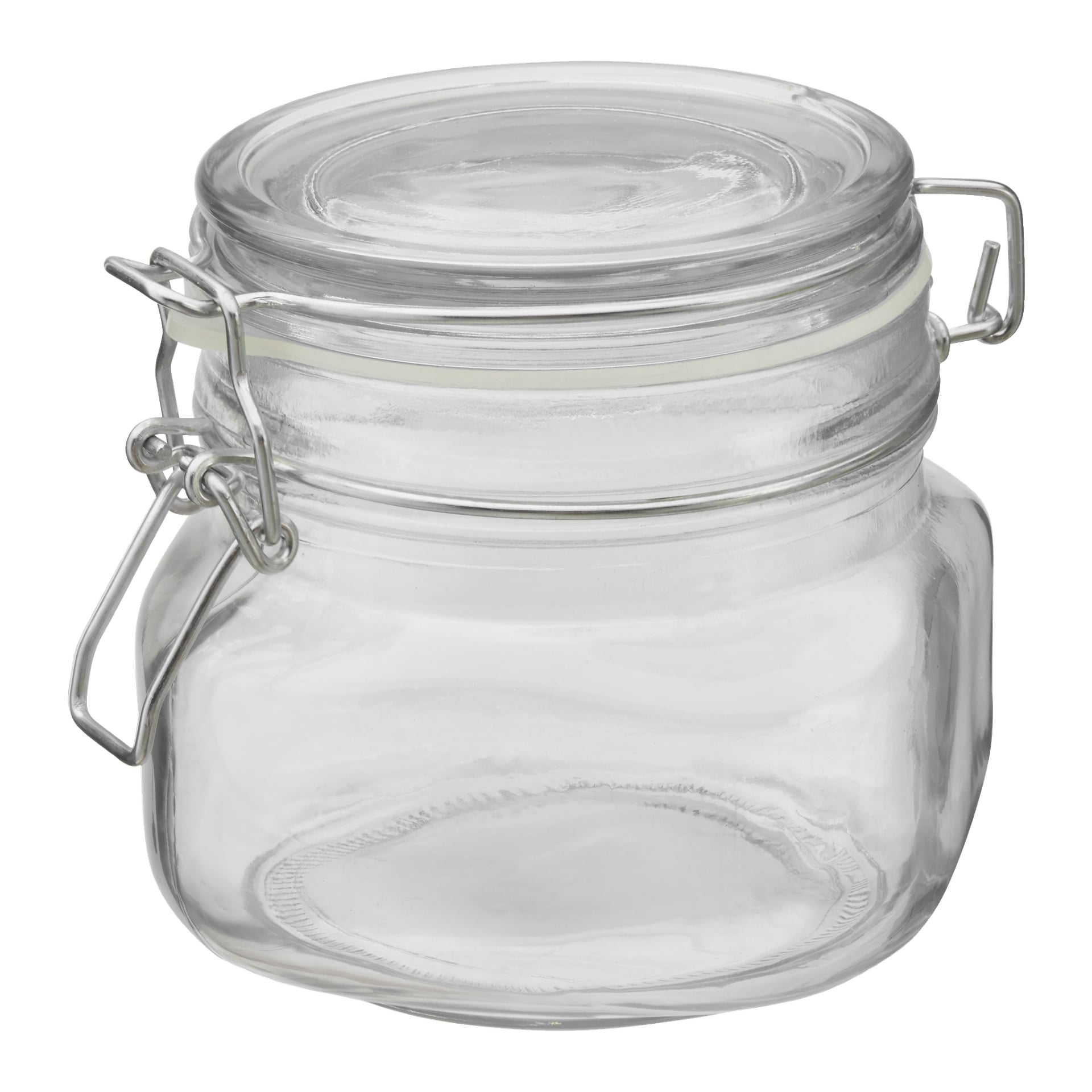 En transparent Menuett-glasburk med en svängpropp, vid öppning, gångjärnsförsedd lock säkrad med ett metallspänne, och en gummipackning för lufttät tätning.