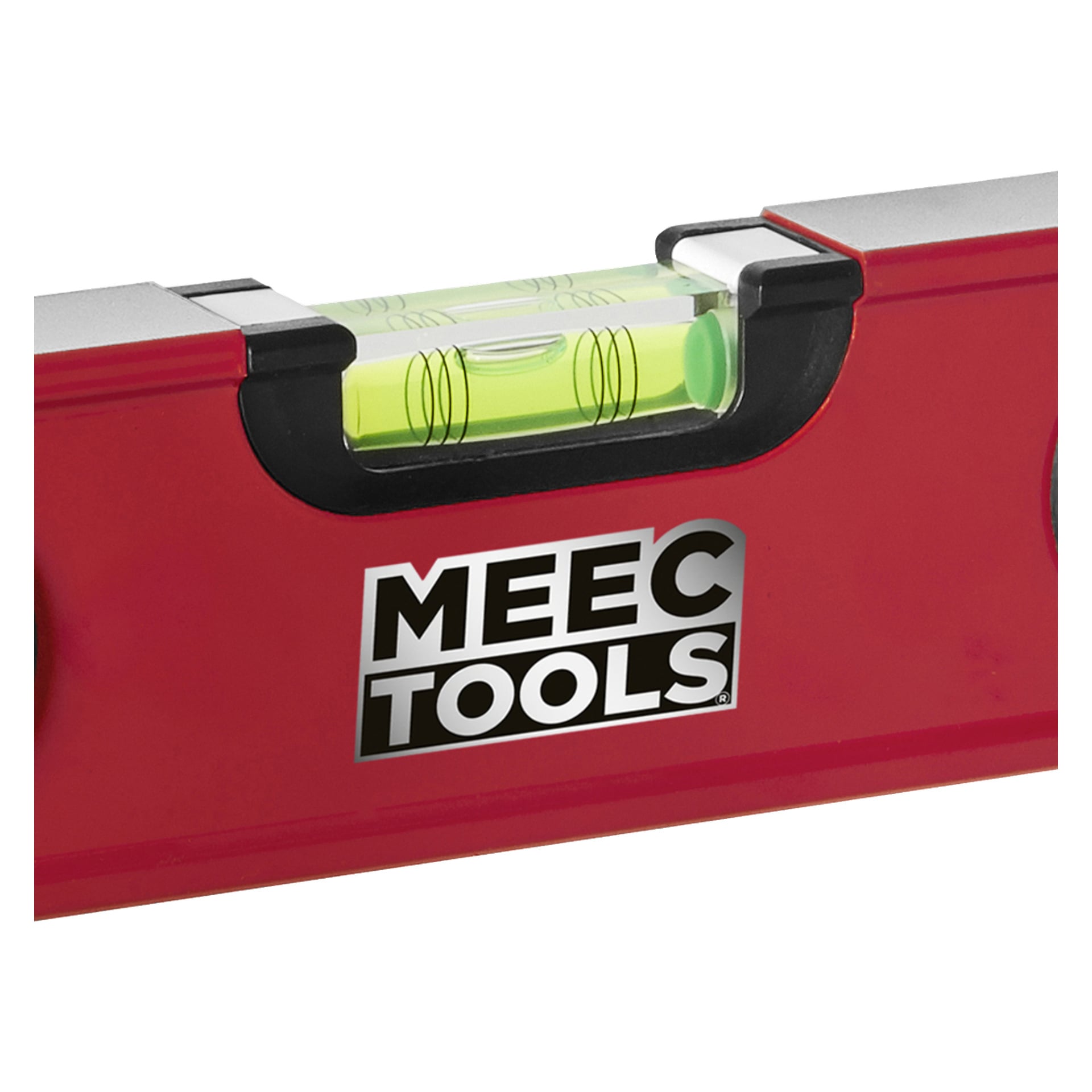 En närbild på en röd Meec Tools spritvattenpass med en grön bubbelflaska och varumärket tydligt synligt på verktyget.