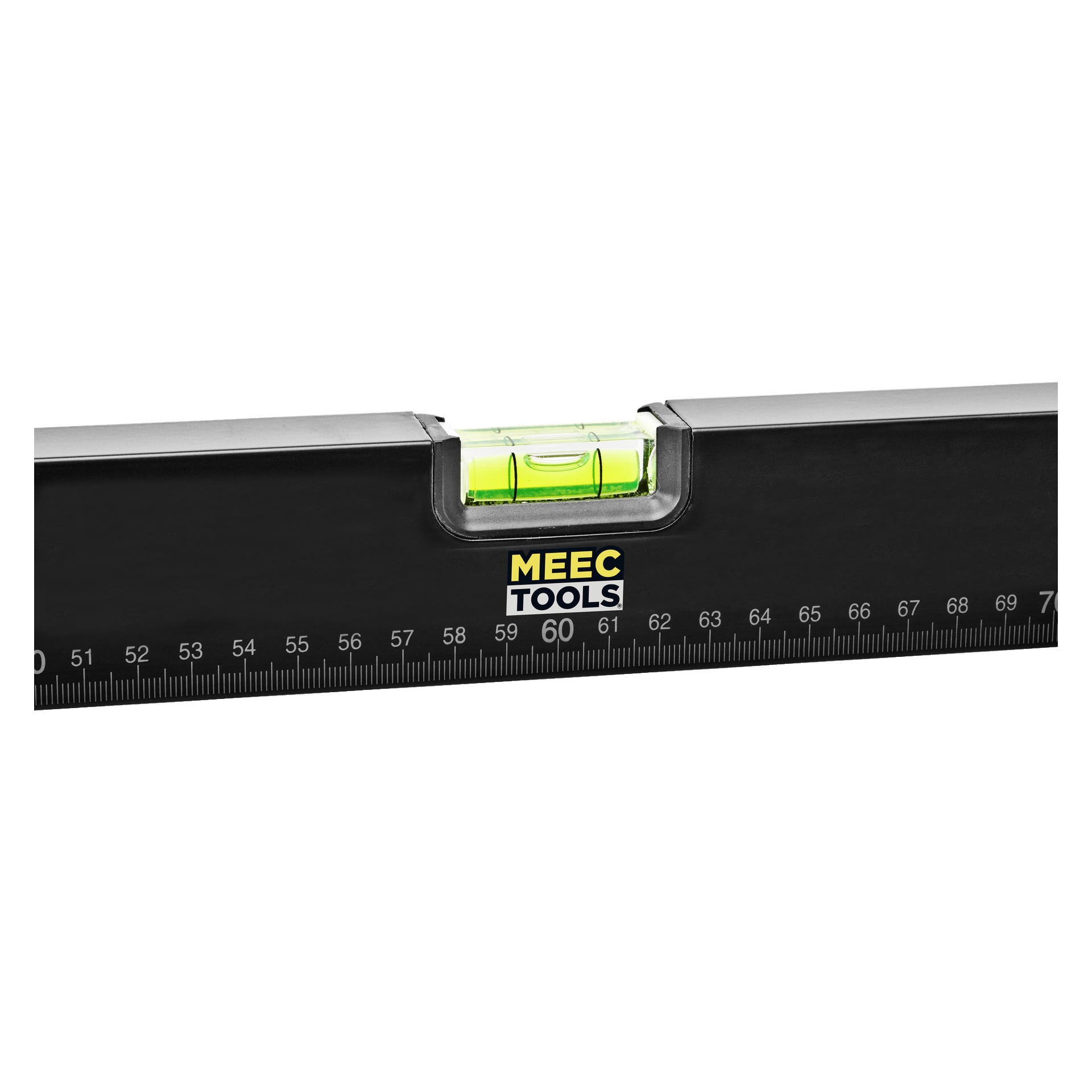 Nærbilde av et svart Meec Tools Spirit vaterpass med en grønn bobleflaske, med en metrisk linjal plassert under, som viser målinger fra 50 til 70 centimeter.