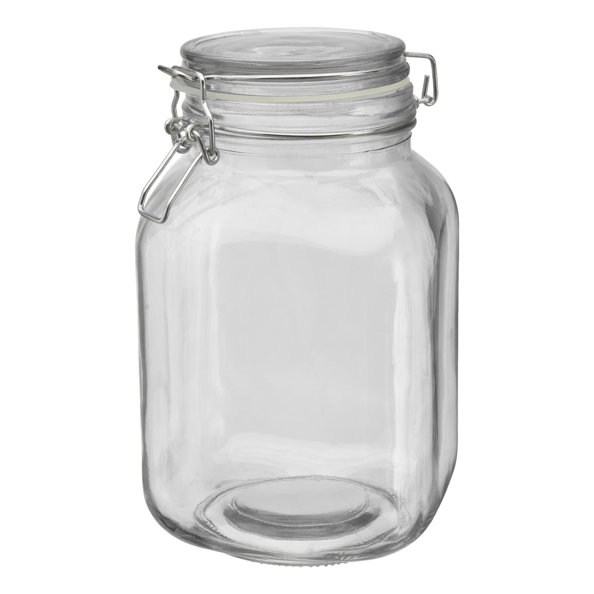 Ein Menuett-Glasgefäß mit einem Schaukelstopper steht aufrecht und zeigt seinen transparenten Körper, den Metallklemmendeckel und die Gummidichtung.
