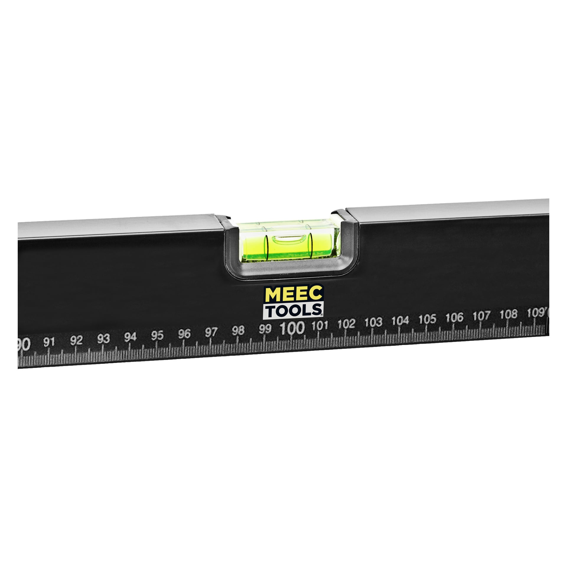 Et nærbilde av et svart Meec Tools Spirit-vater med en bobleflaske og en integrert centimeterlinjal, med 100 cm-merket sentrert.