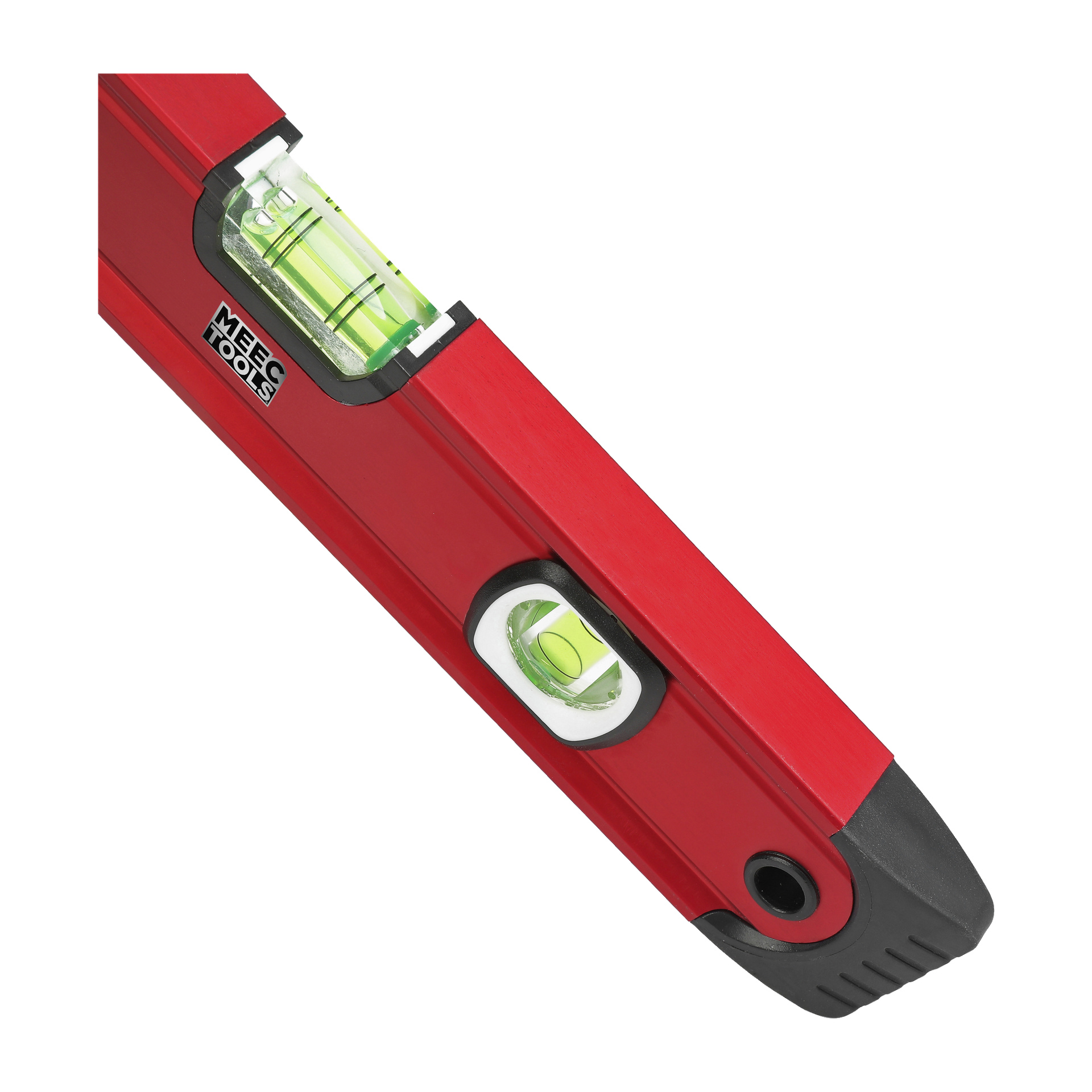 En detaljerad vy av en Meec Tools Spirit Level, med två bubbelflaskor för horisontell och vertikal mätning, svarta lock i varje ände och varumärkeslogotypen visad.