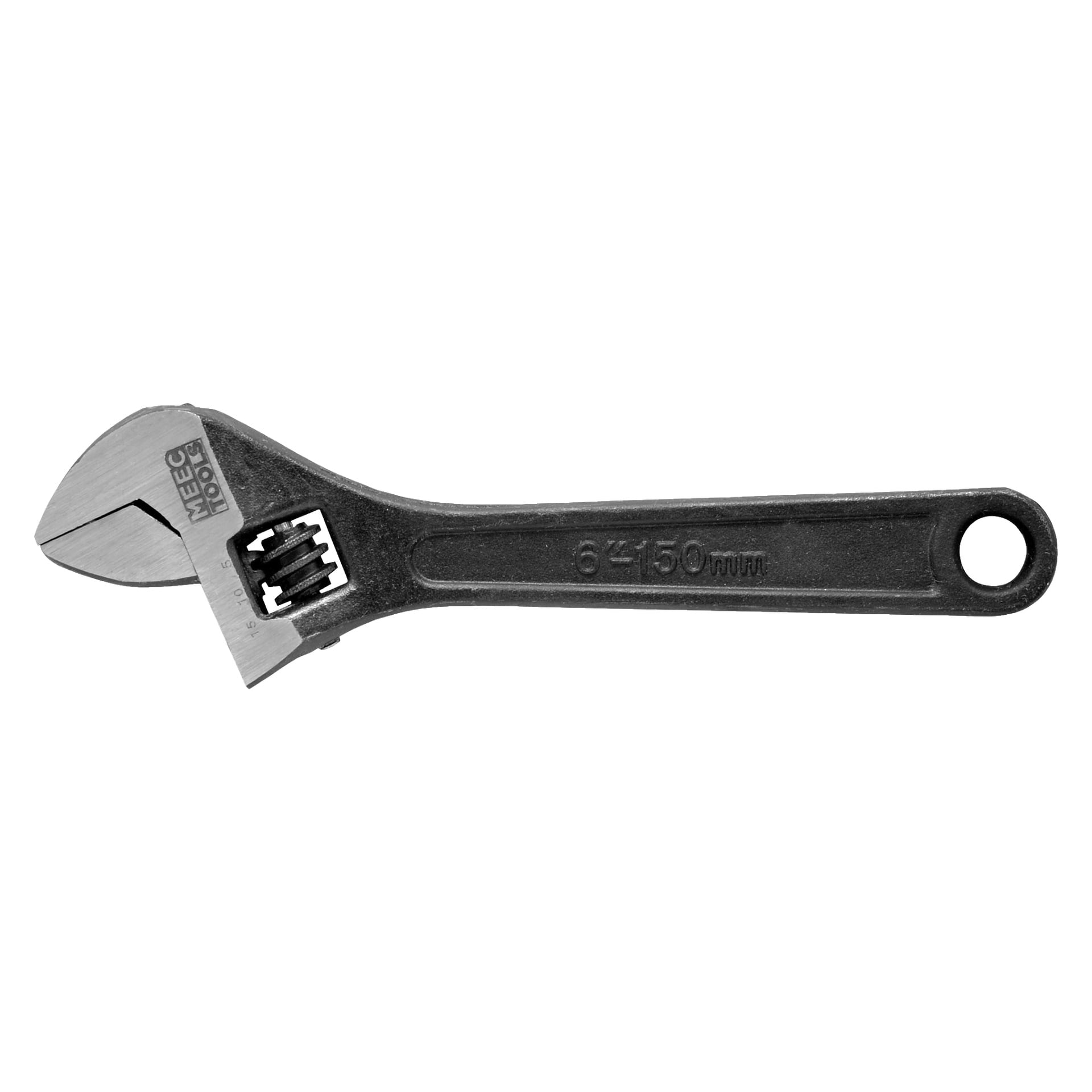 Meec Toolsin säädettävä avain, jossa on tukeva metallirakenne ja musta kahva, joka päättyy reikään. Työkalun päässä on liikkuva leuka ja sen sivulla on mittausmerkintöjä.