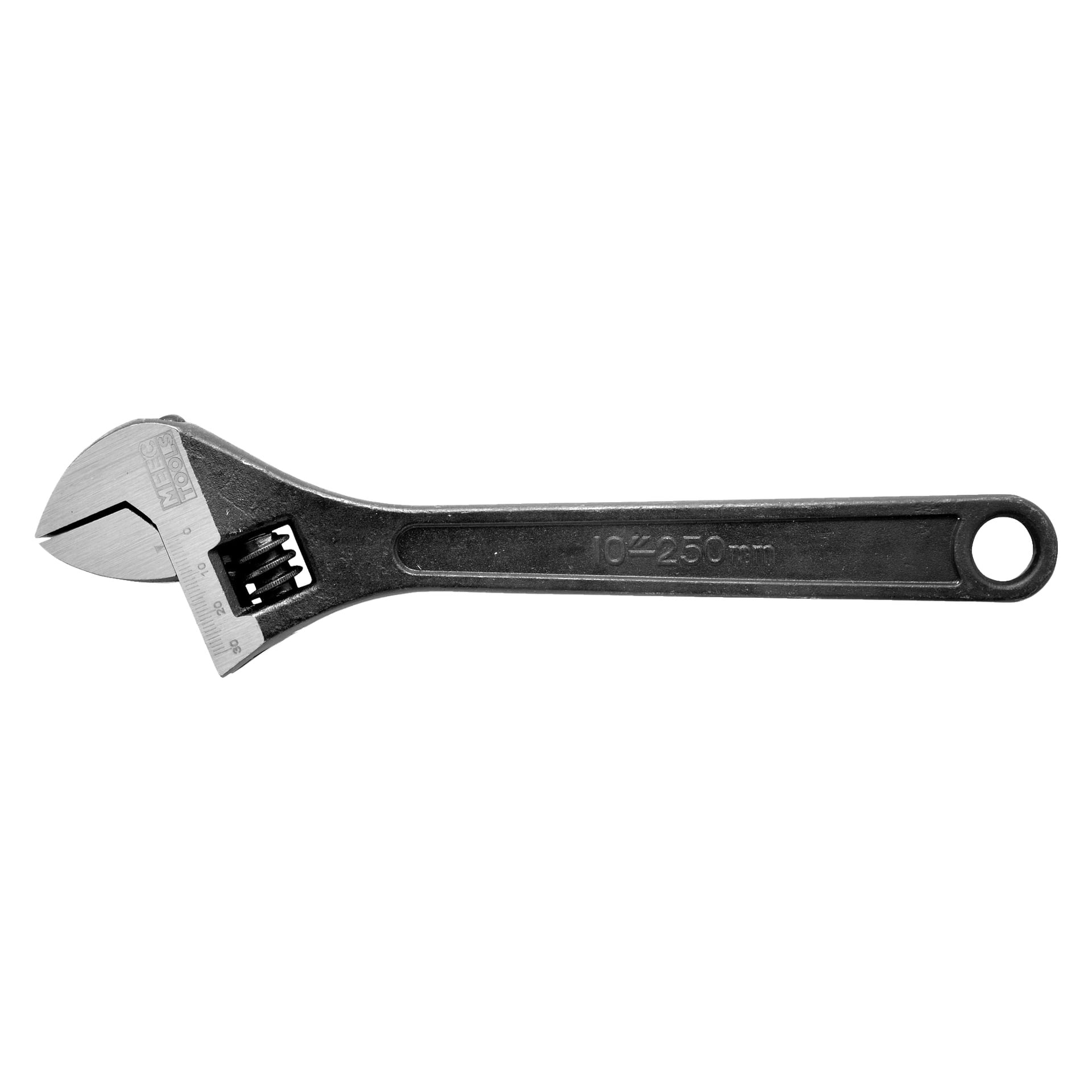 En svart justerbar skiftnyckel från Meec Tools med metallkäke och mätmarkeringar. Handtaget har ett hål vid spetsen och är graverat med "250 mm."