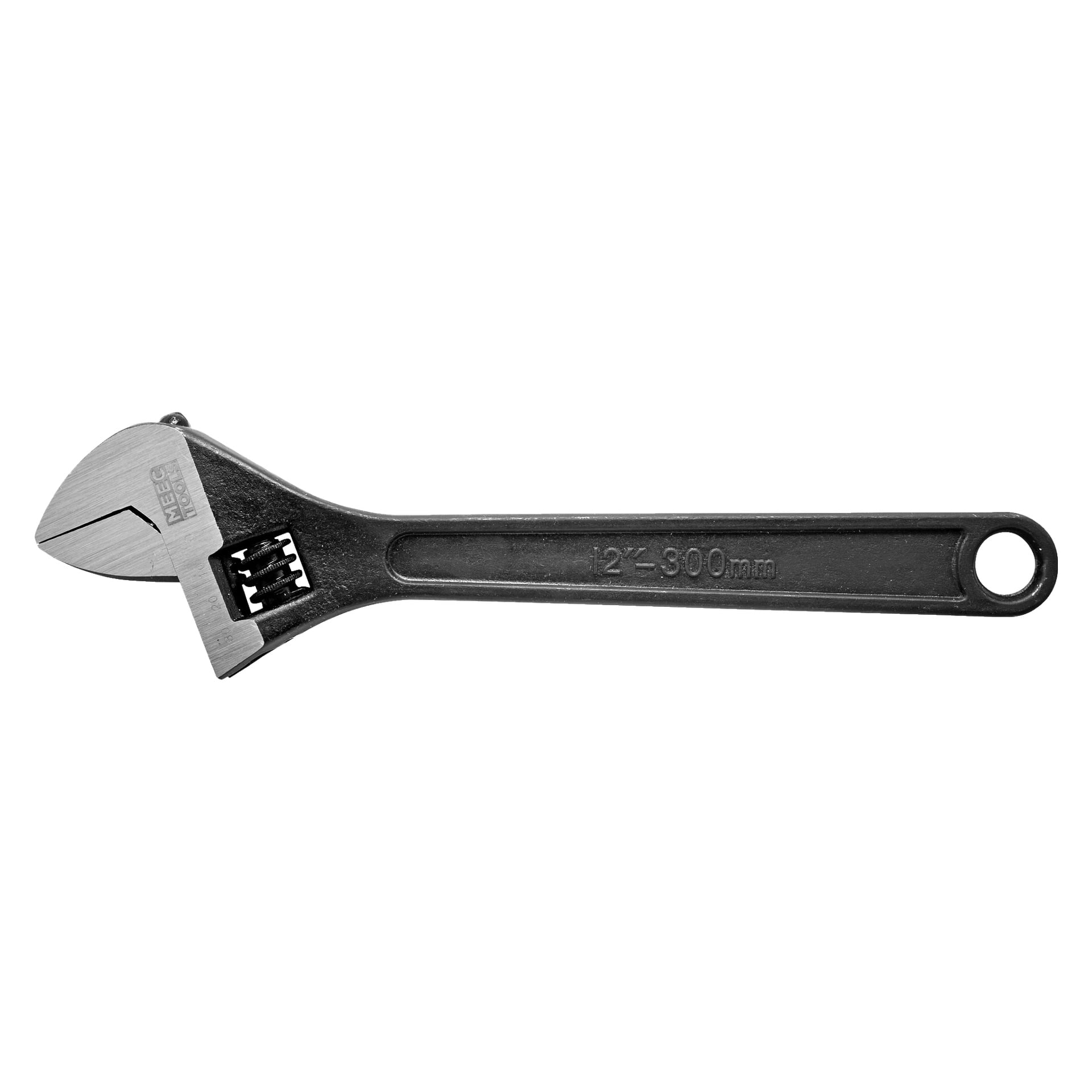 Denna justerbara skiftnyckel från Meec Tools har en metallkropp och ett svart handtag märkt med "12-300mm." Dess rörliga käke gör det möjligt att greppa muttrar och bultar i olika storlekar, och det finns ett hål i slutet av handtaget för enkel upphängning.