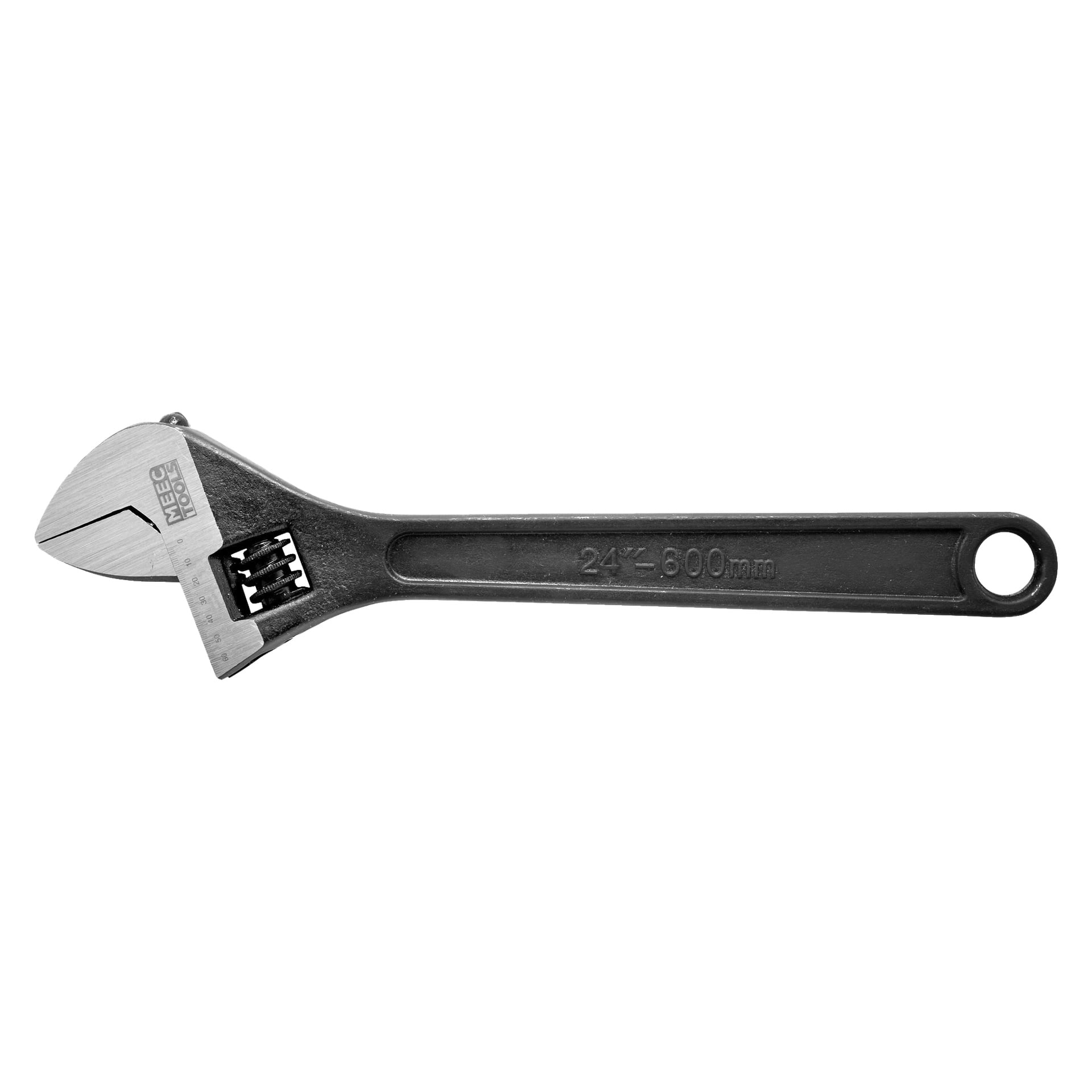 Regulowany klucz Meec Tools z metalową rączką i ruchomą szczęką, z napisem "24—600mm" po boku.