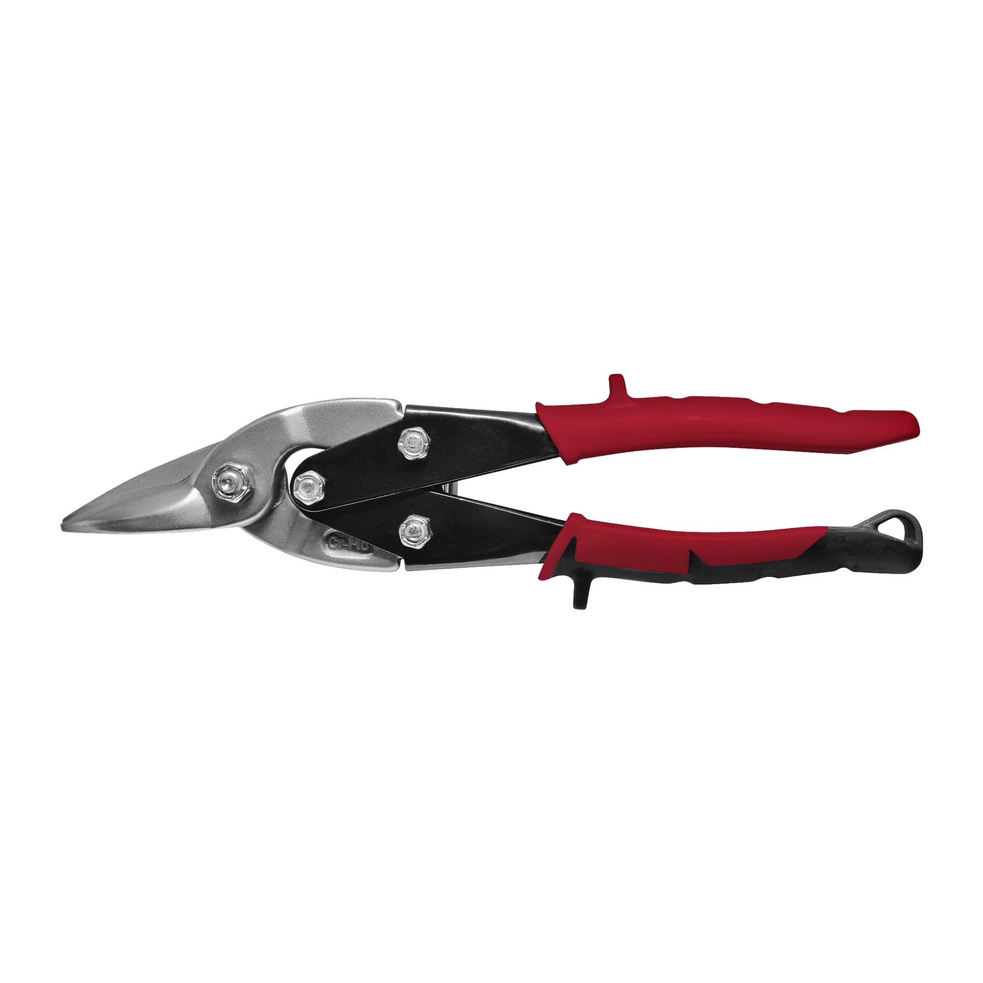 Meec Tools Metallsaxar med ergonomiskt utformade röda och svarta handtag samt vinklade blad fästa med tre synliga bultar, lämpliga för plåtskärning.