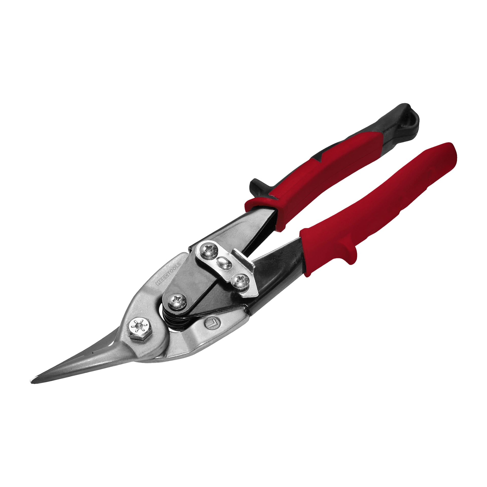 Ett par Meec Tools metallsaxar med röda och svarta handtag, med lätt böjda blad gjorda för att skära plåt.