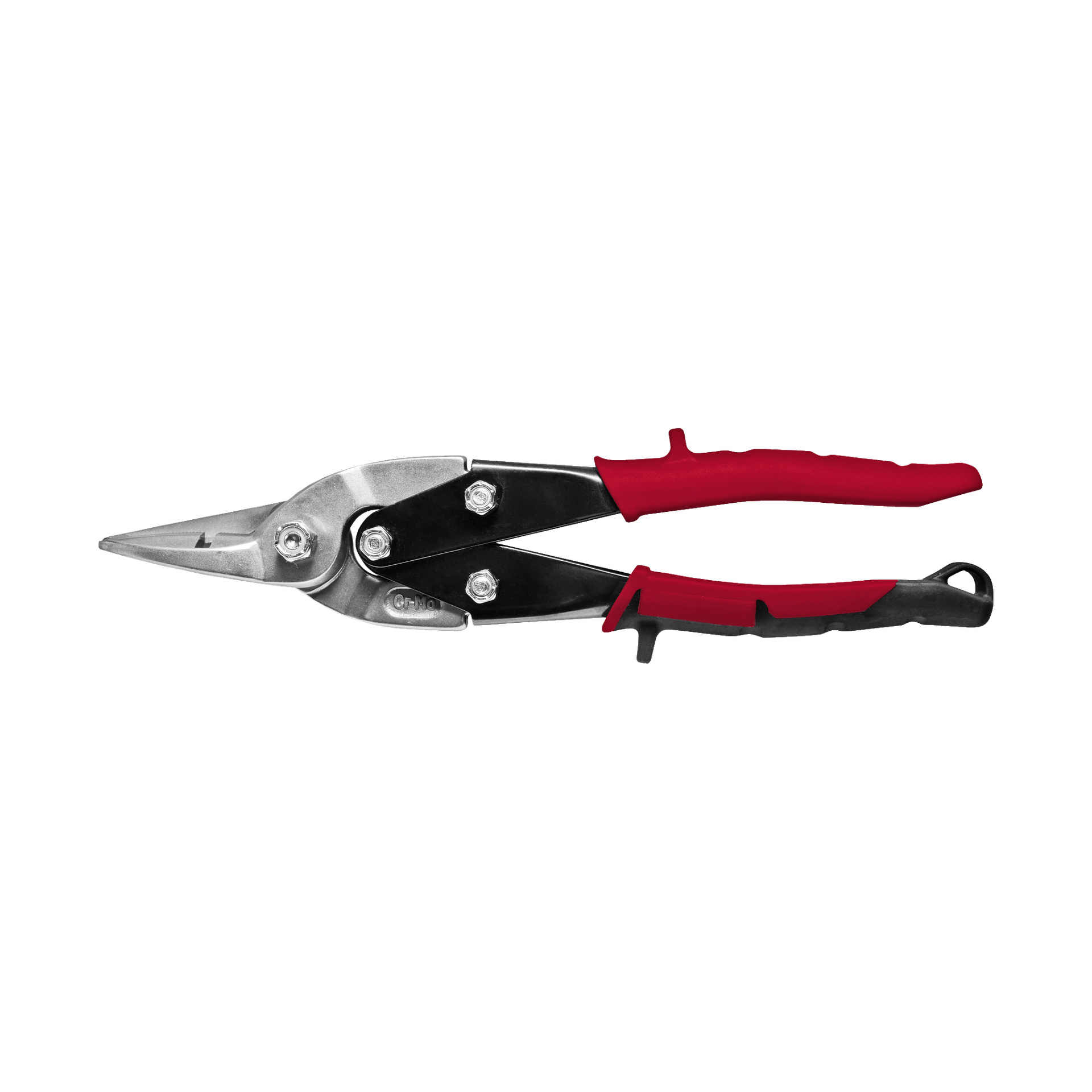 Ett par Meec Tools metallsaxar med ergonomiska röda och svarta handtag, visade från sidan.