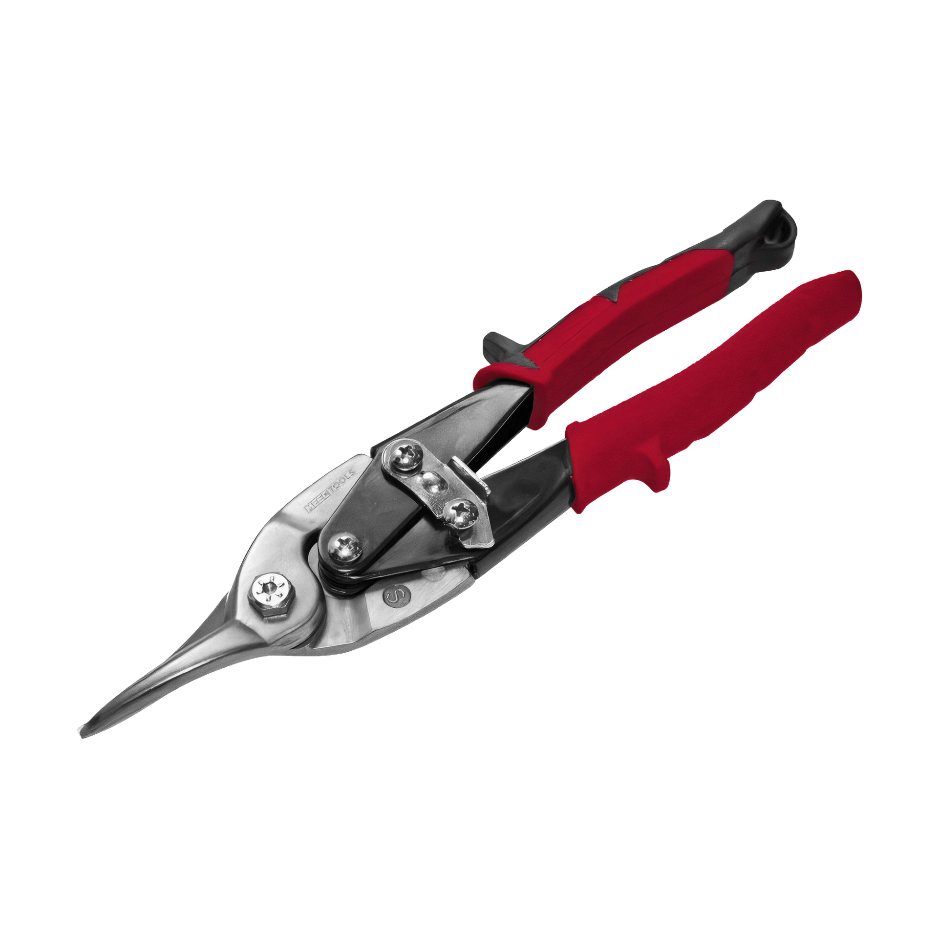 Meec Tools metallsaxar med röda och svarta handtag, med böjda blad och en låsmekanism nära handtagen.