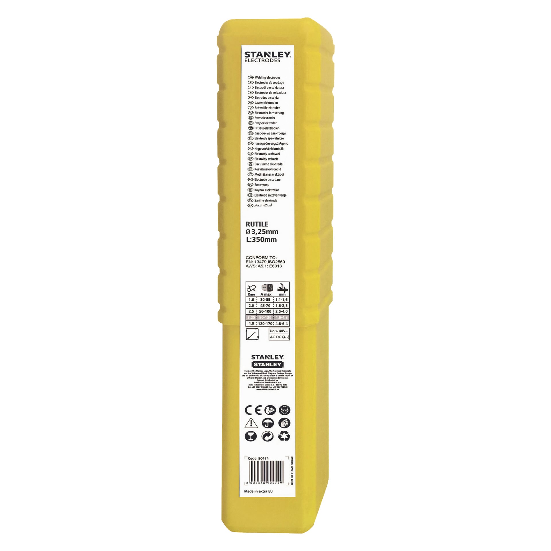 Keltainen astia, jossa lukee Stanley Rutile Welding Electrodes 50 Pack, jossa on tekniset tiedot, ohjeet, tuotetyyppi, mitat (3,25 mm x 350 mm), turvakuvakkeet ja valmistajan tiedot näkyvissä valkoisessa paneelissa.