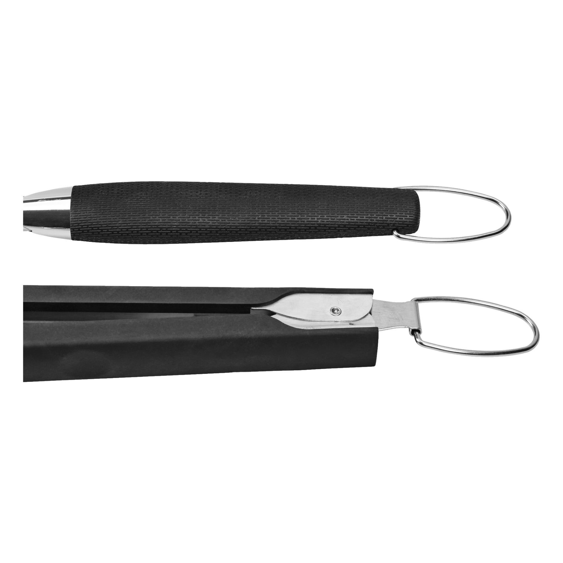 Närbild på svarta kökstånger från Burns & Barkles Barbecue Utensils 3 Pieces-set, som framhäver deras metallspetsar, texturerade handtag och låsmekanism i änden.