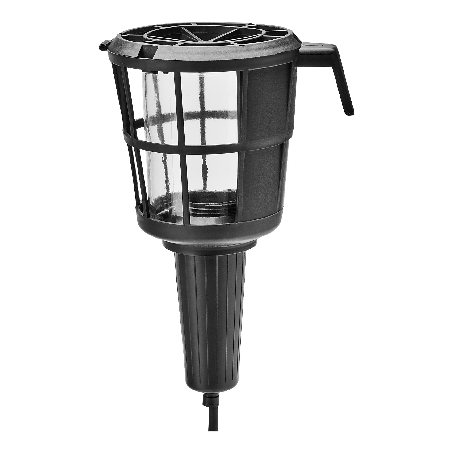 En svart Anslut Cord utomhusficklampa med en klar glödlampa skyddad av en metallbur, utrustad med en markpåle och en övre sektion som inkluderar ett sidohandtag.