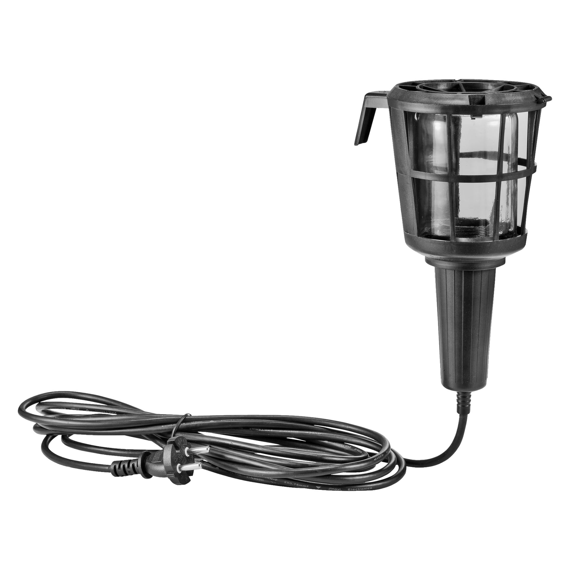 En portabel arbetslampa med en burlampa, inbyggt handtag och en förlängd svart sladd som slutar i en tvåpolig kontakt.