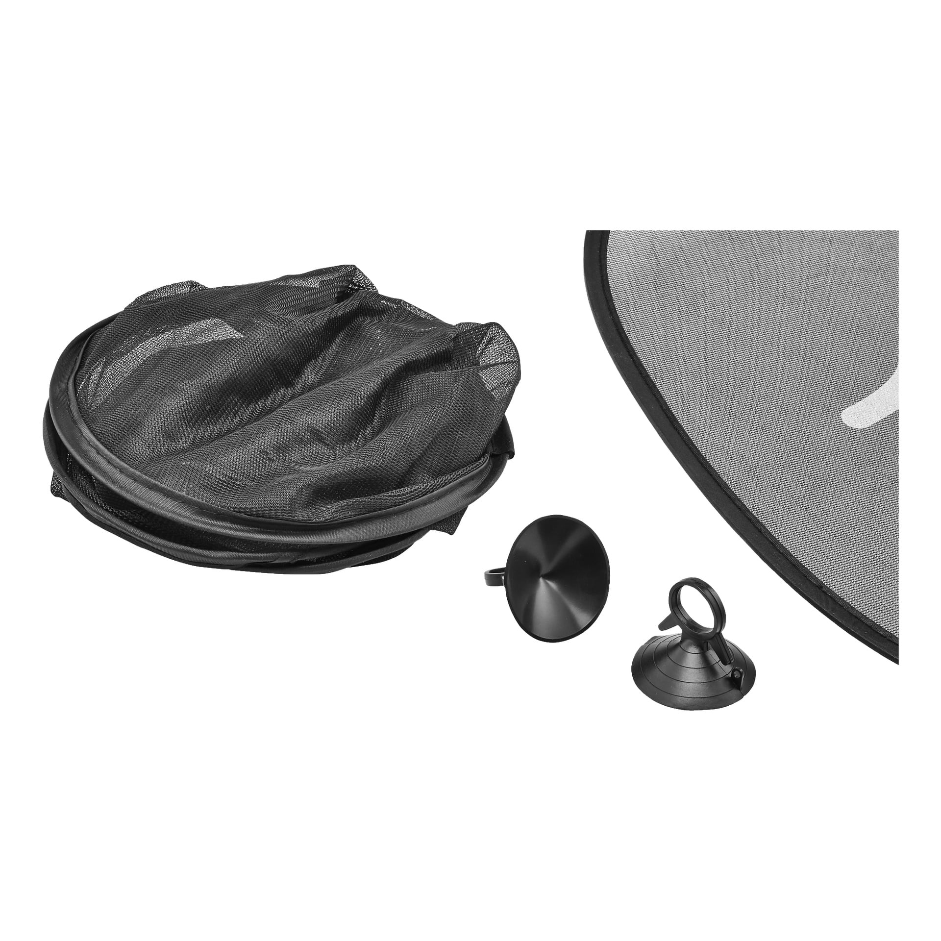En brettet Hamron Sunshade Smile (2-pakning) i svart mesh vises sammen med to svarte sugekopper og en del av en utfoldet solskjerm.
