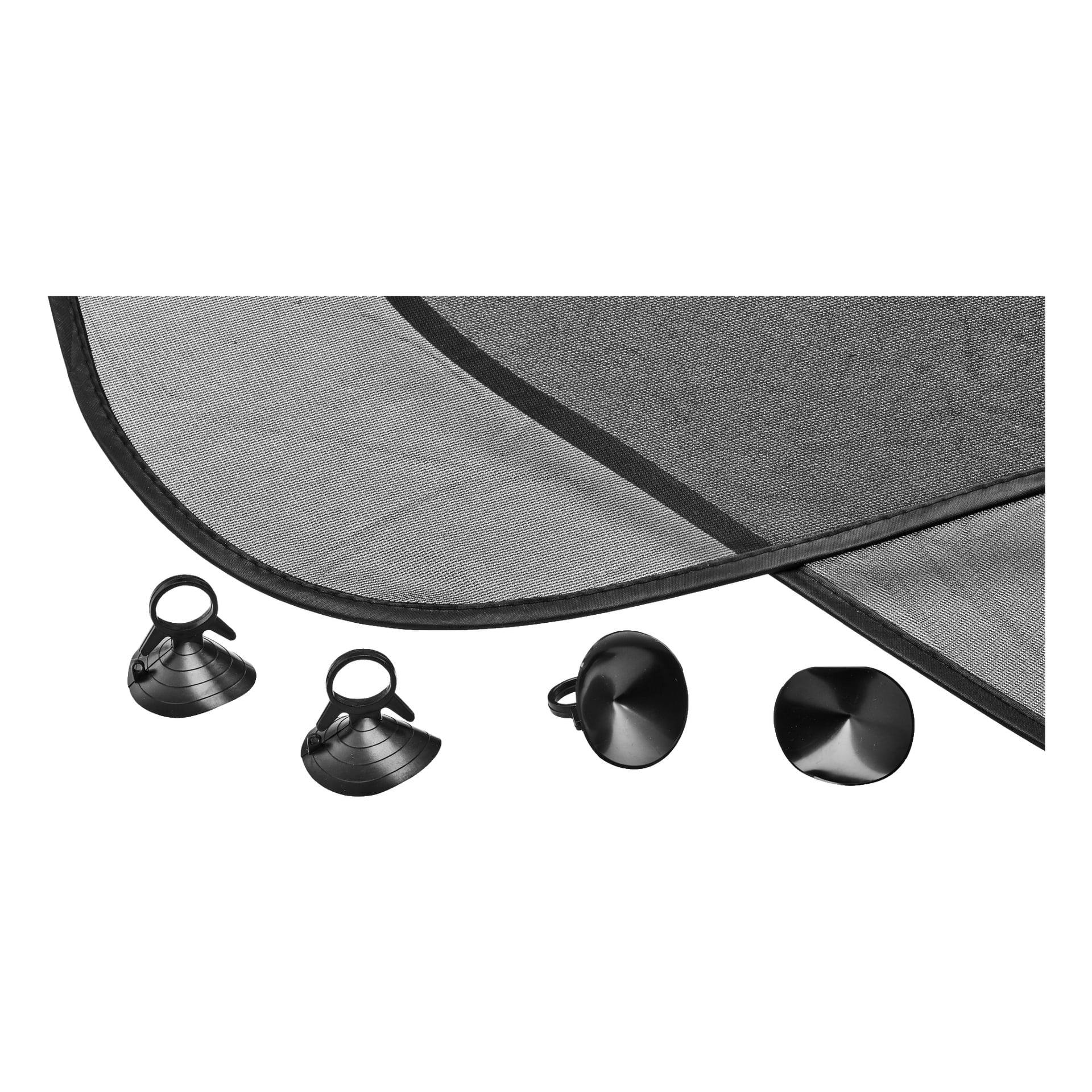 Närbild på ett Hamron Sunshade 2-paket i svart mesh, med två överlappande solskydd och fyra svarta plastsugkoppar placerade under.