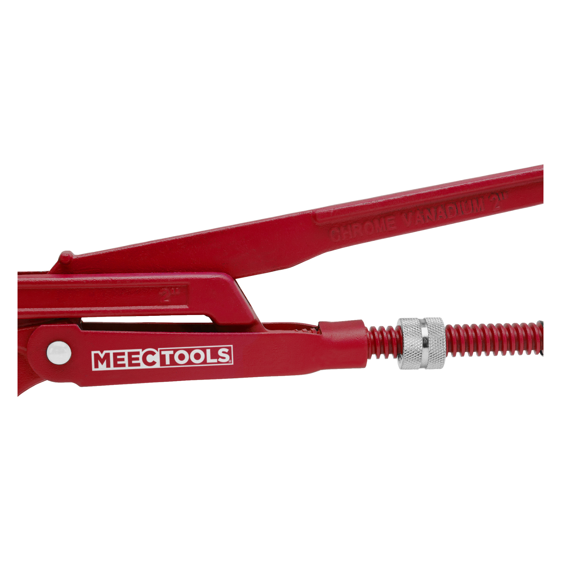 Närbild på en röd Meec Tools piptång, med handtaget, justeringsskruven och CHROME VANADIUM 2-inskriptionen på det övre handtaget.