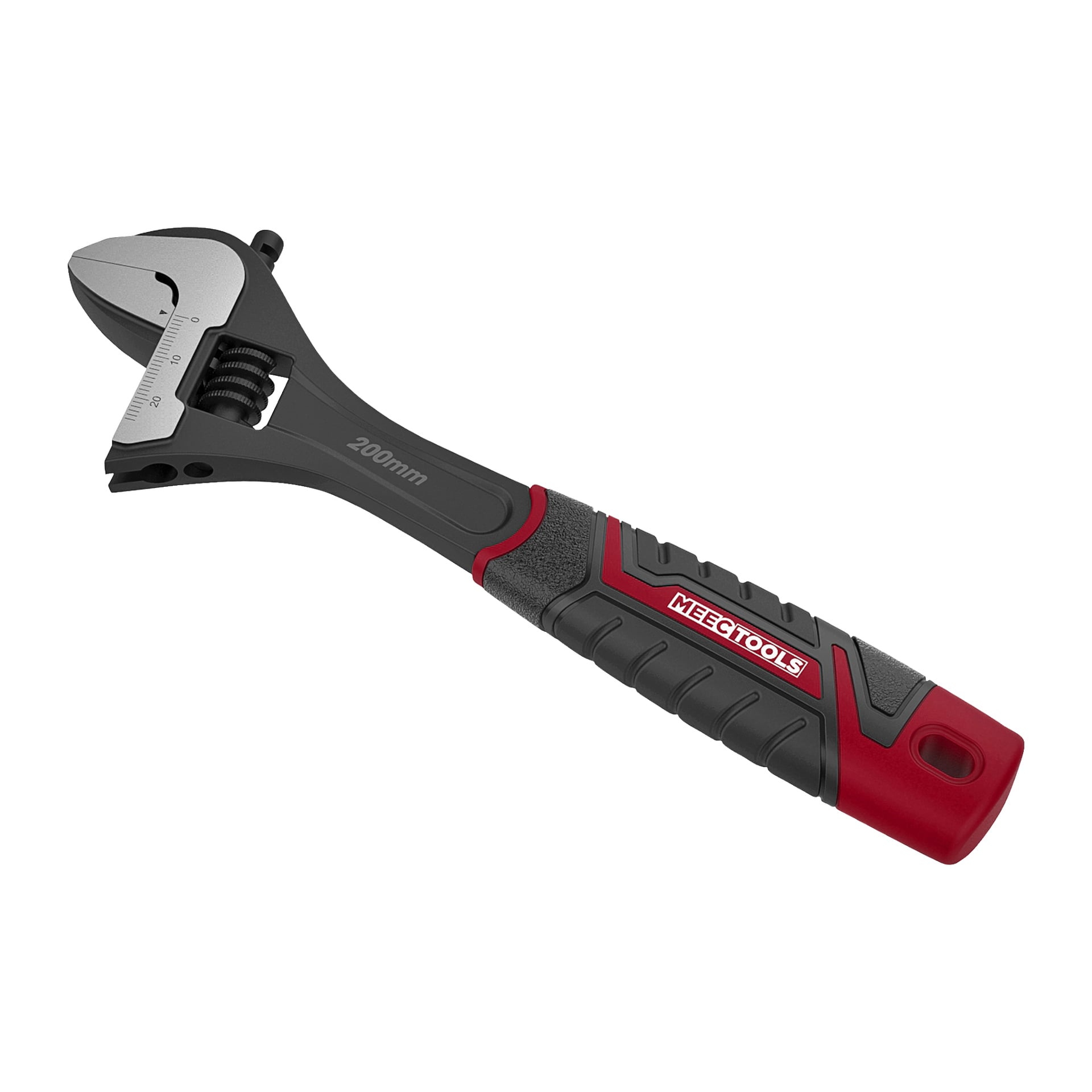En 200 mm justerbar skiftnyckel från Meec Tools med svart och rött gummihandtag, metallkäfte och ett justeringshjul designat för att fästa eller lossa muttrar och bultar.