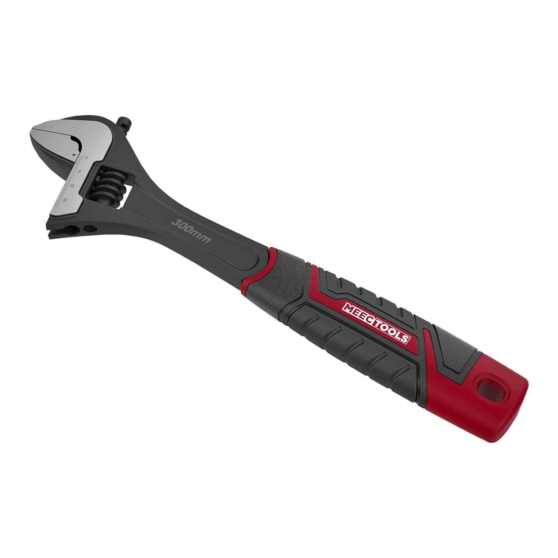 Regulowany klucz 300 mm firmy Meec Tools z czarno-czerwono-gumową rękojeścią, odpowiedni do dokręcania lub poluzowania nakrętek i śrub.