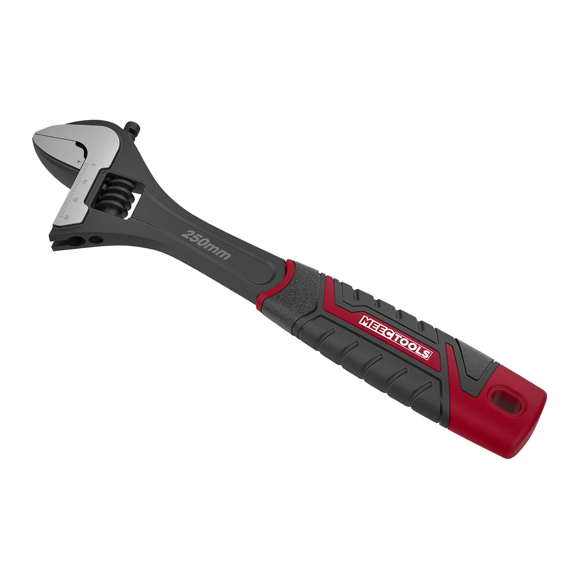 En 250 mm justerbar skiftnyckel med ett svart och rött ergonomiskt handtag med varumärket Meec Tools på. Metallgapet är något öppet.