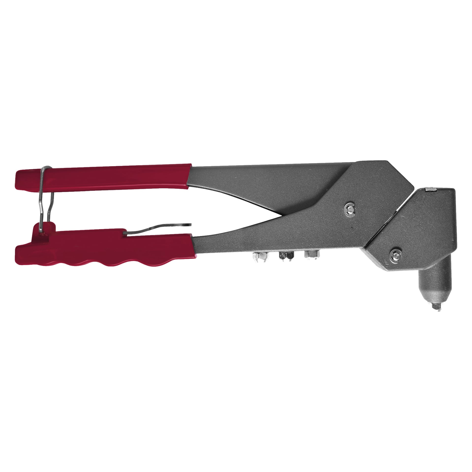 En Meec Tools nitpistol med röda plasthandtag och en silverfärgad metallkropp, sedd från sidan. Verktyget är i ett slutet läge med handtagen tryckta mot varandra och munstycket synligt på höger sida.