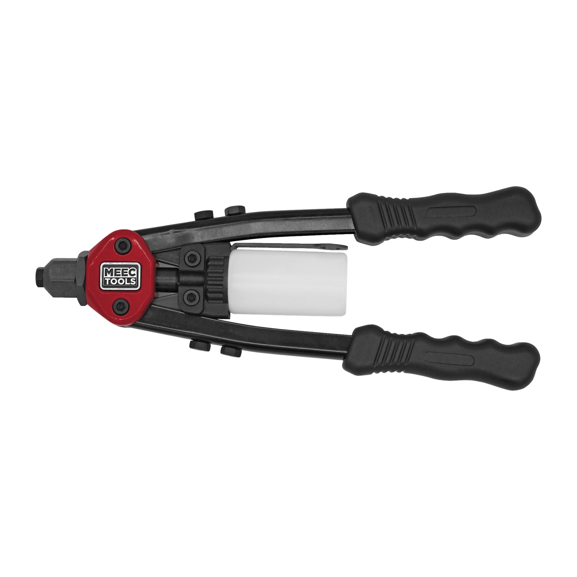 En Meec Tools nitpistol med två svarta och röda handtag, en central vit cylindrisk del och Meec Tools-logotypen på sidan.
