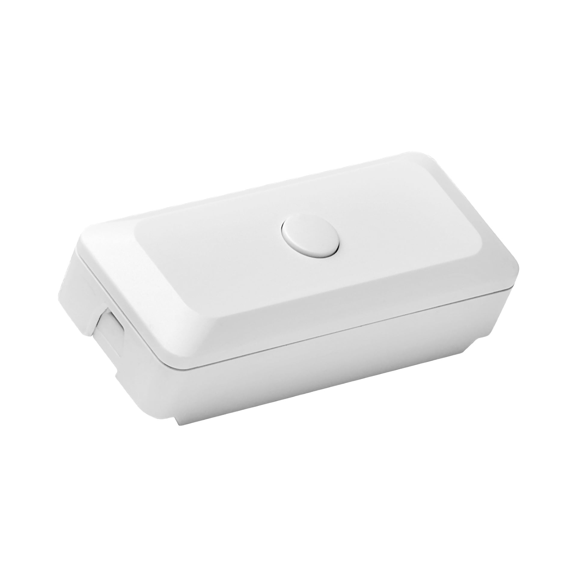 En rektangulär, vit plast Anslut-sladddimmer med ett diskret upphöjt lock och en rund central knapp.