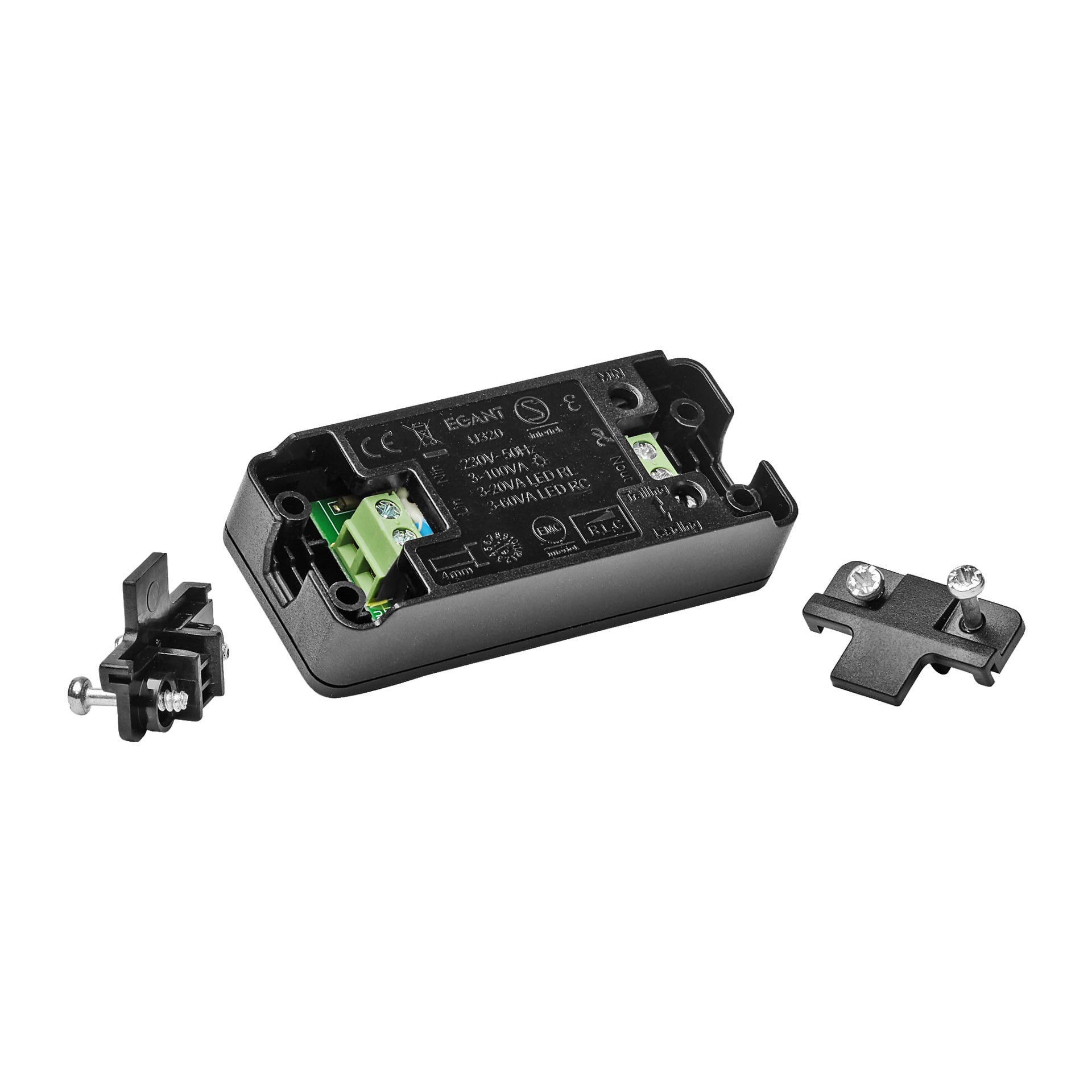En Anslut Cord-dimmer med svart fodral, synliga kabelterminaler, en produktetikett på toppen och två separata monteringsfästen med tillhörande skruvar.