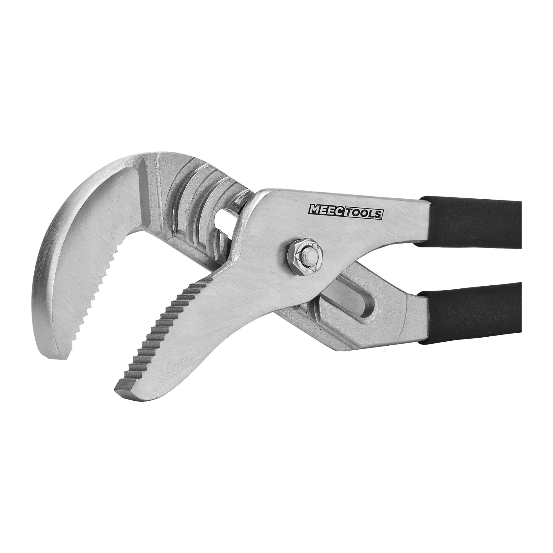 En närbild på Meec Tools vattenpumptång med texturerade käftar och svart handtag, som visar Meec Tools logotyp nära gångjärnet.