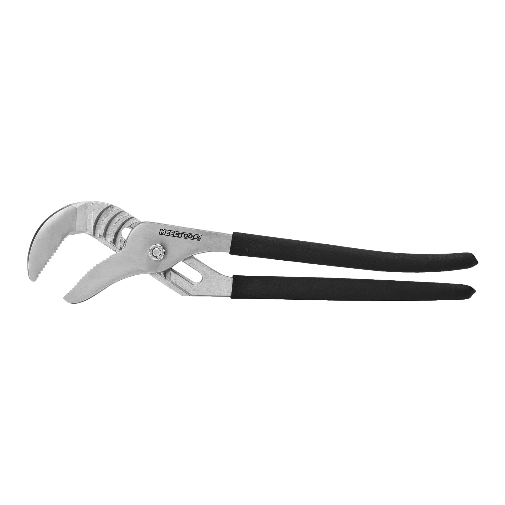 Ett par vattenpumpstånger från Meec Tools med svarta, gummibelagda handtag visas. Sidan av ett handtag har varumärket "Meec Tools."