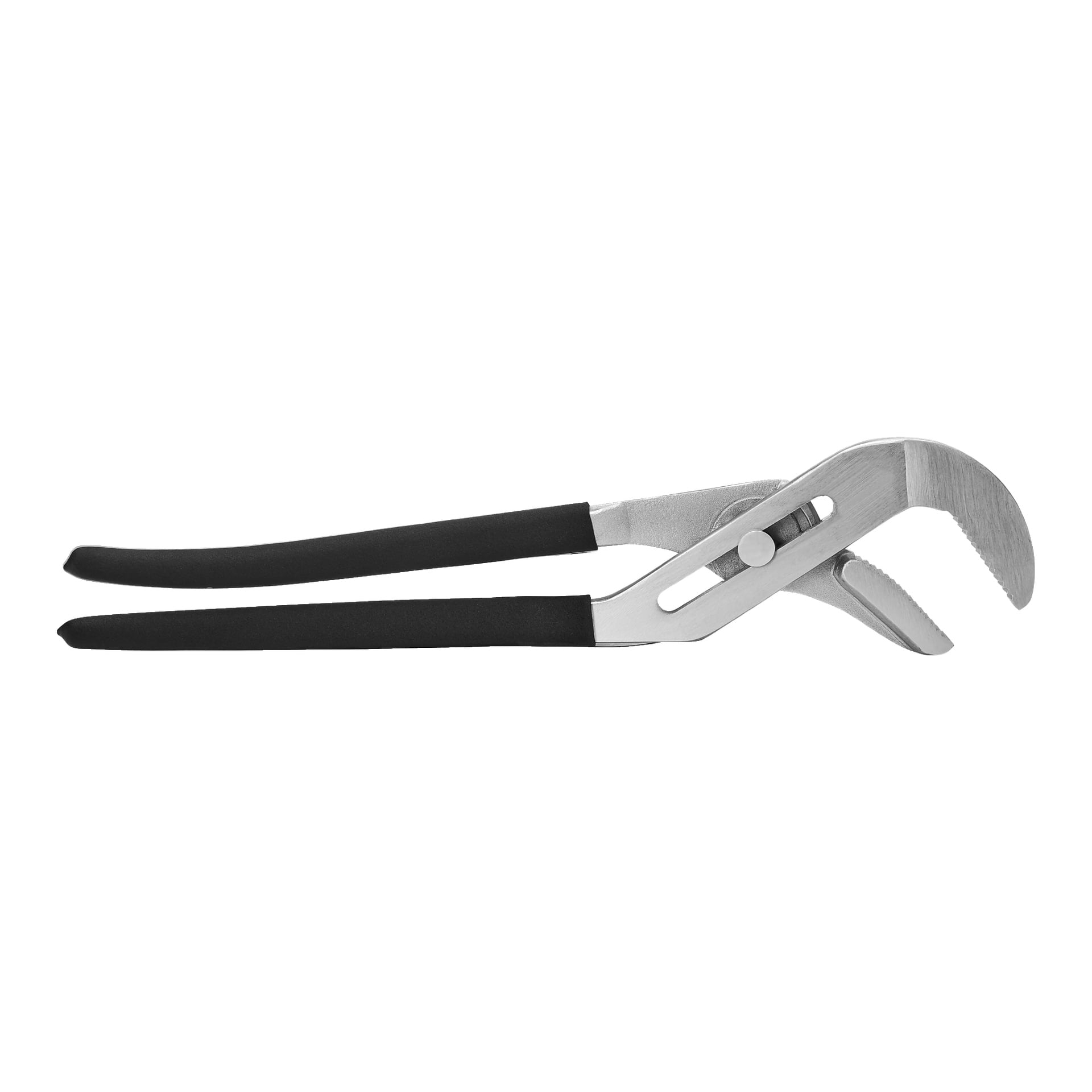 Ett par vattenpumpstånger från Meec Tools med svarta gummihandtag, visade med käftarna öppna.