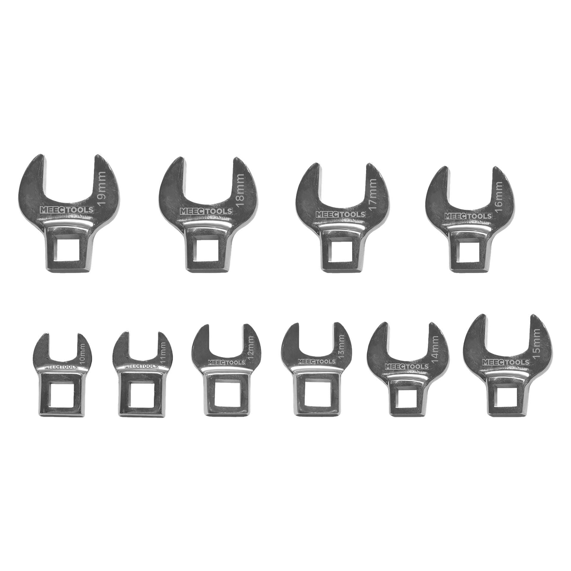 Ti crowfoot-skiftenøkkel-hoder, i størrelse fra 19 mm til 10 mm og merket deretter, er pent arrangert i to rader. Hvert metallnøkkelhode viser Meec Tools-merket, som består av et komplett sett med 10 deler.