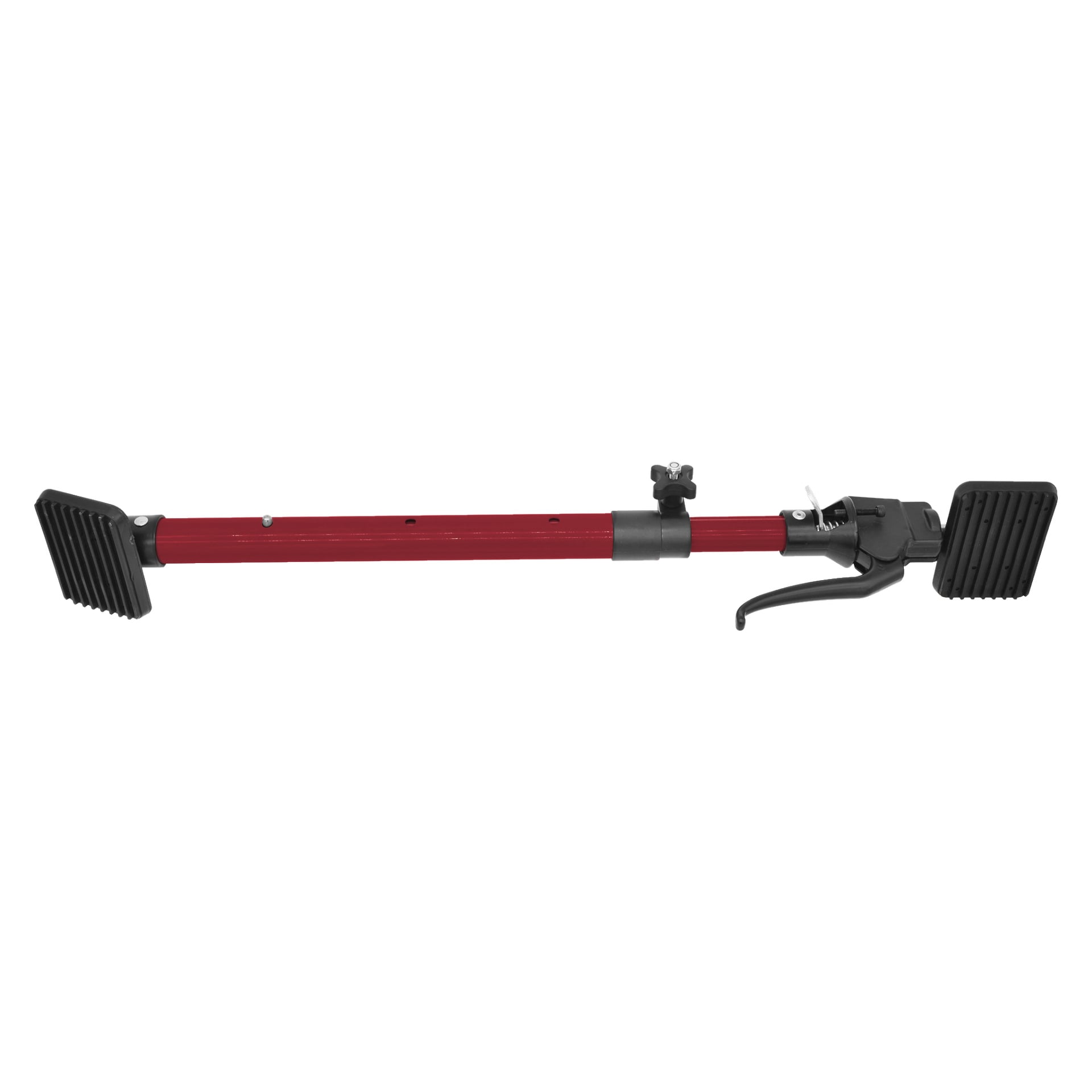 Ett teleskopstöd från Meec Tools med en röd utdragbar stång, justerbara svarta ändplattor och en spak för säker fastslutning, avsedd att stabilisera lasten under transport.