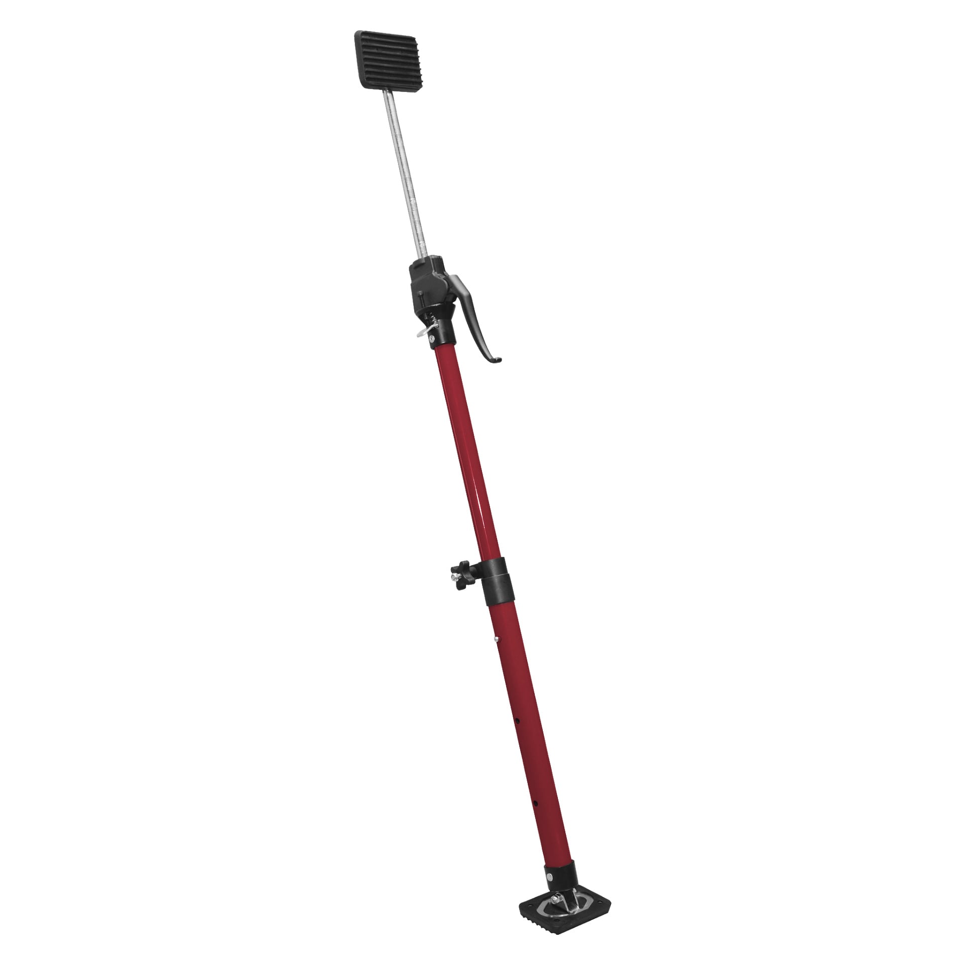 En röd Meec Tools teleskopisk stödlaststång, justerbar i längd, med en gummifot i ena änden och en gummidyna i den andra. Den inkluderar ett handtag och justeringsrattar för att enkelt ändra längden och säkra lasten under transport.