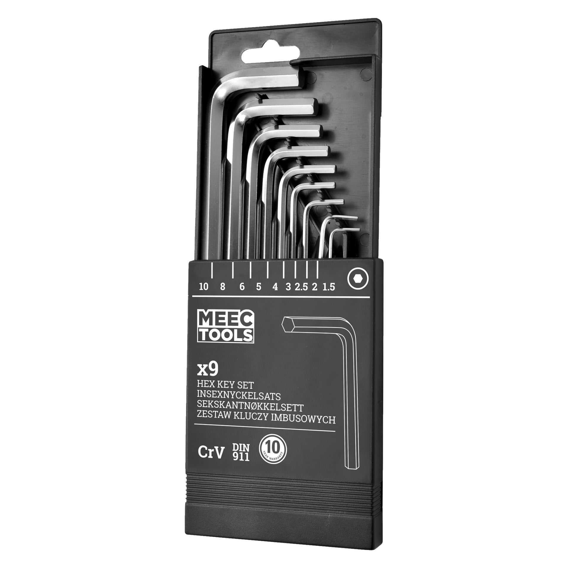 Der Meec Tools Inbusschlüsselsatz mit 9 Teilen umfasst Größen von 1,5 bis 10 mm in einem schwarzen Halter mit sichtbaren Größenetiketten.