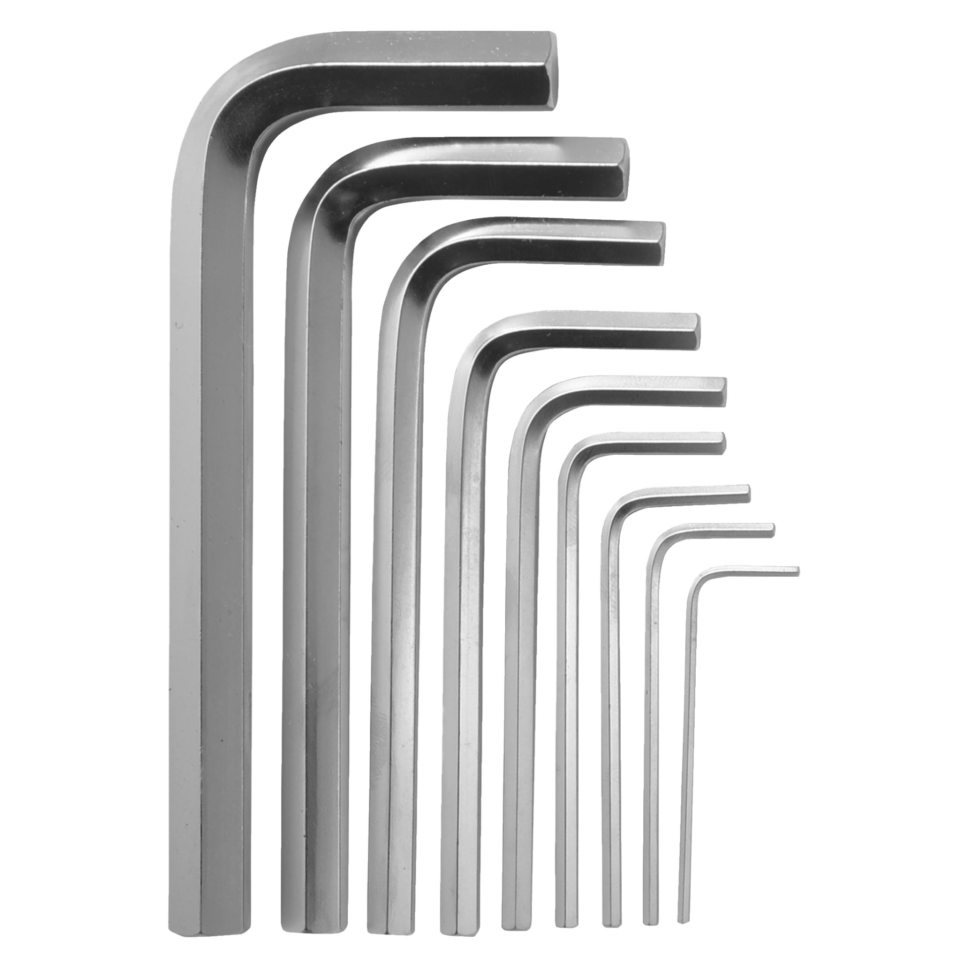 Das Meec Tools Inbusschlüsselset aus 9 Teilen umfasst neun silberne L-förmige Tasten in verschiedenen Größen, die in einer Reihe angeordnet sind, um sechseckige Bolzen anzuziehen oder zu lösen.