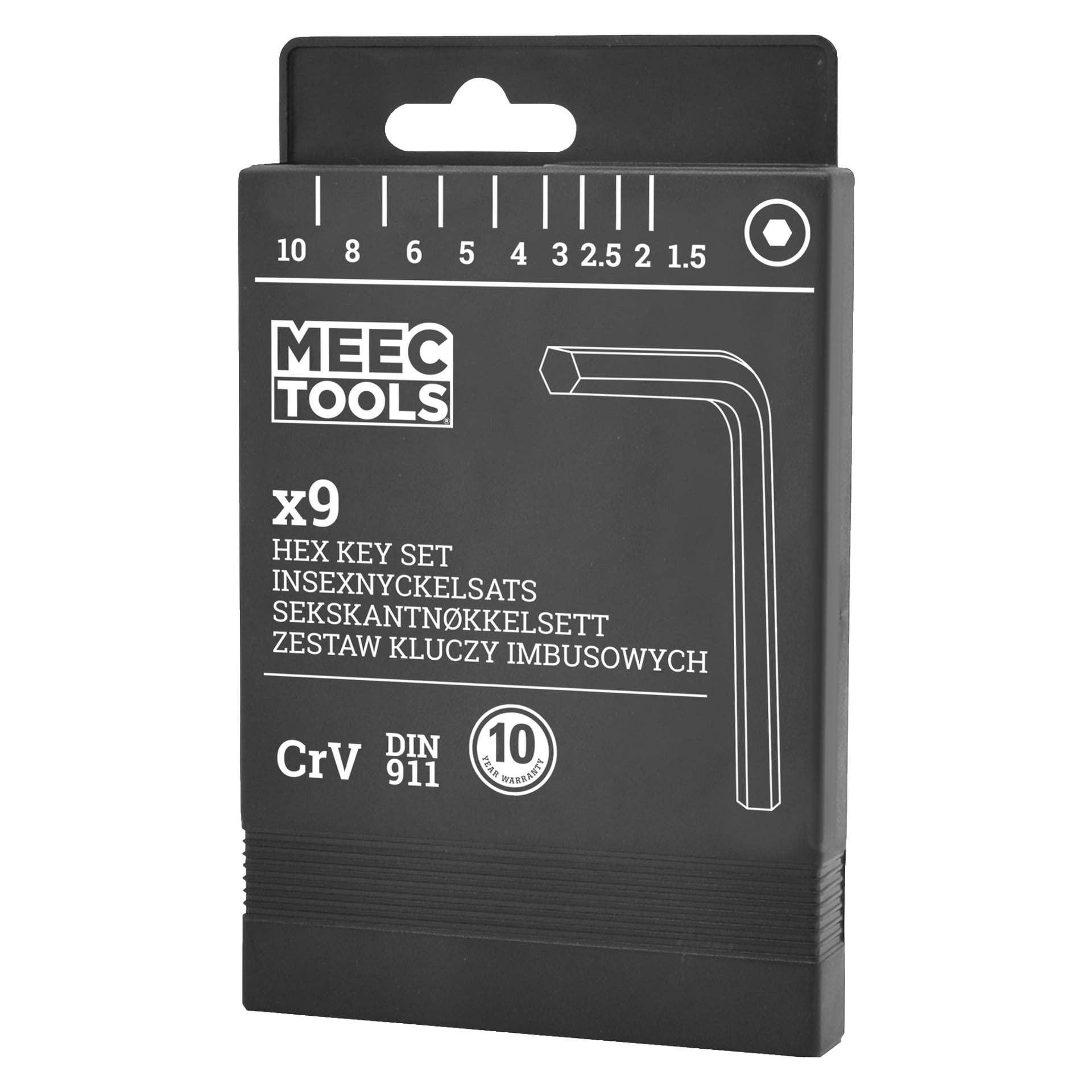 Ein schwarzes Meec Tools-Paket enthält einen 9-teiligen Sechskantschlüsselsatz mit metrischen Größen 1,5–10 mm. Die Verpackung enthält den Text CrV DIN 911 und 10 Jahre Garantie.