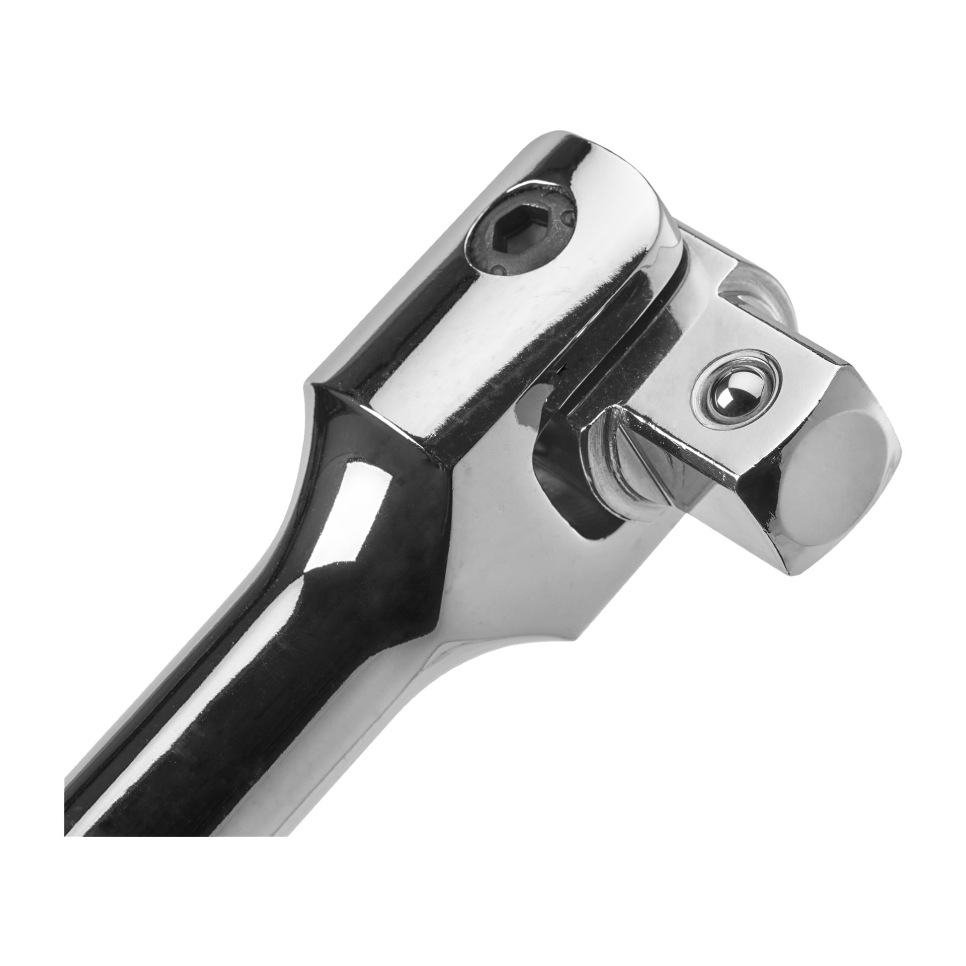 Szczegółowy widok rękojeści Meec Tools Flex, polerowanego metalowego narzędzia służącego do mocowania kluczy nasadowych do elementów mocujących pod wieloma kątami. Zawiera obrotowy przegub oraz kwadratowy końcówkę napędową.