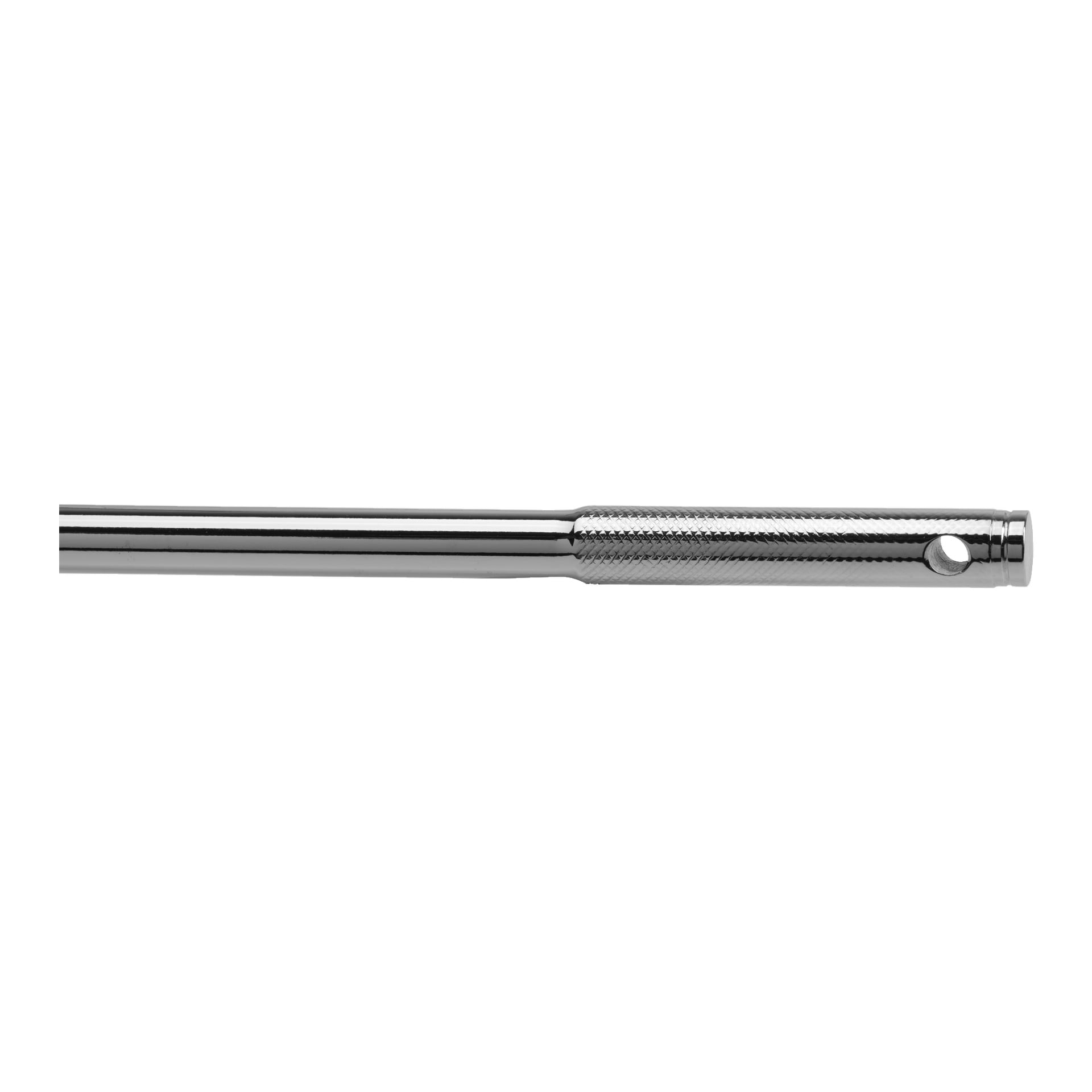 Zbliżenie na uchwyt hamulca Meec Tools Gate, przedstawiający błyszczący metalowy pręt z teksturowanym, żebłowanym uchwytem i małym okrągłym otworem przy końcówce.