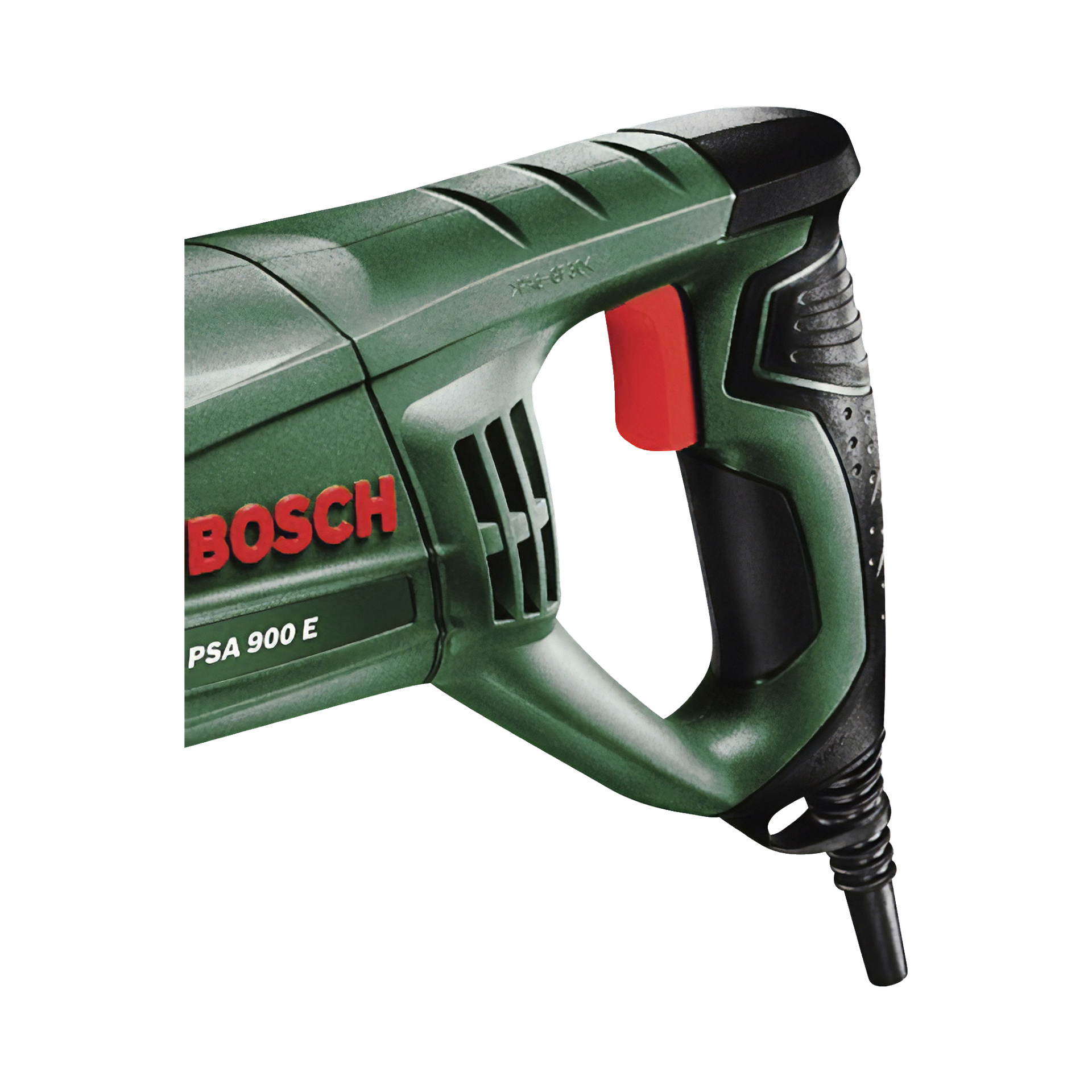 Närbild av Bosch Reciprocating visade PSA 900 E, som visade handtaget med sin gröna och svarta plastdesign, en röd avtryckare och en strömkabel som stack ut från änden.