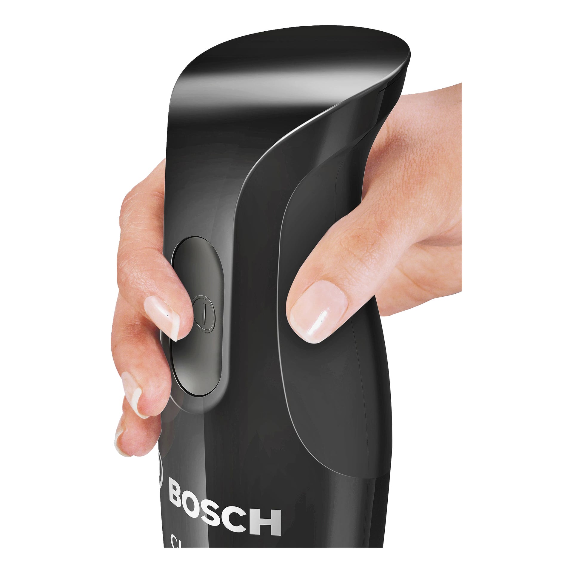 Pokazano dłoń naciskającą przycisk na eleganckim, zakrzywionym czarnym blenderze Bosch Home Hand Blender MSM2610B. Kciuk jest umieszczony na przycisku, a część logo Bosch Home widoczna jest blisko podstawy.