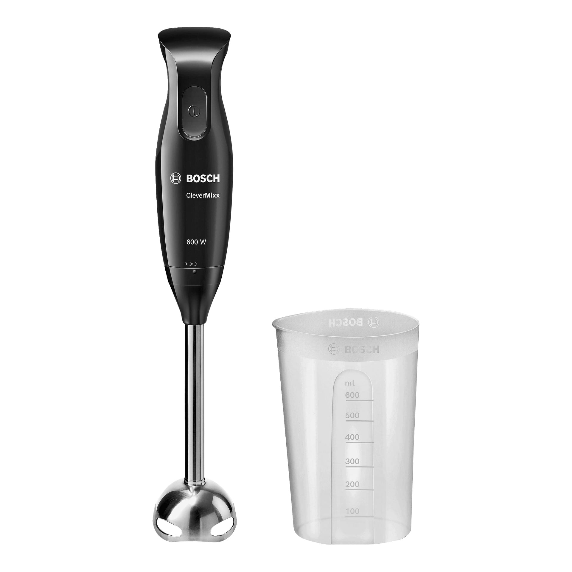 Blender Bosch Home Hand MSM2610B w kolorze czarnym, wyposażony w stalowy trzon do blendowania, jest umieszczony obok przezroczystego kubka miarkowego z oznaczeniami 700 ml.