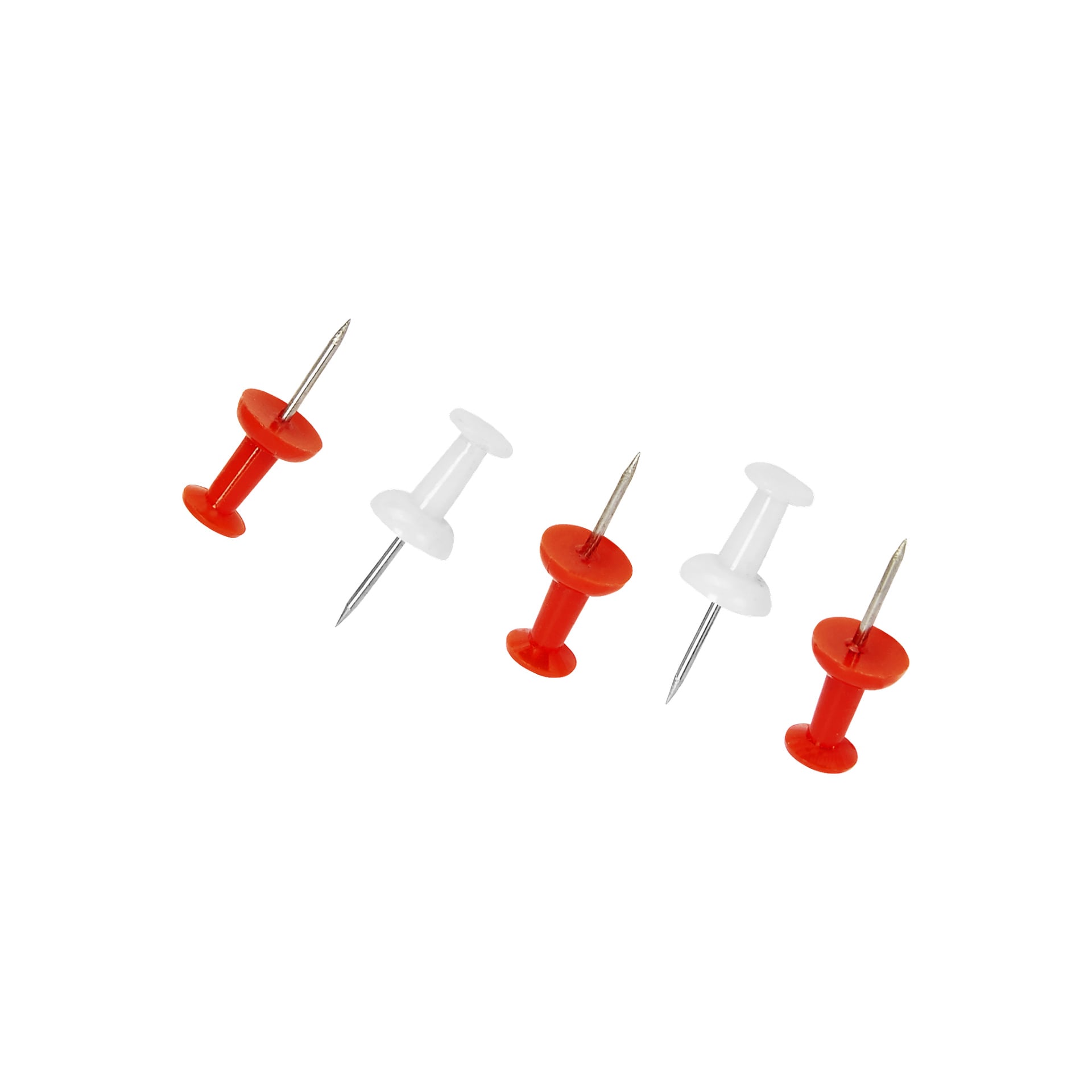 Fem Map-pins 50-pack från No brand EMW, med tre röda och två vita pins uppradade, vassa ändar pekande nedåt åt vänster.