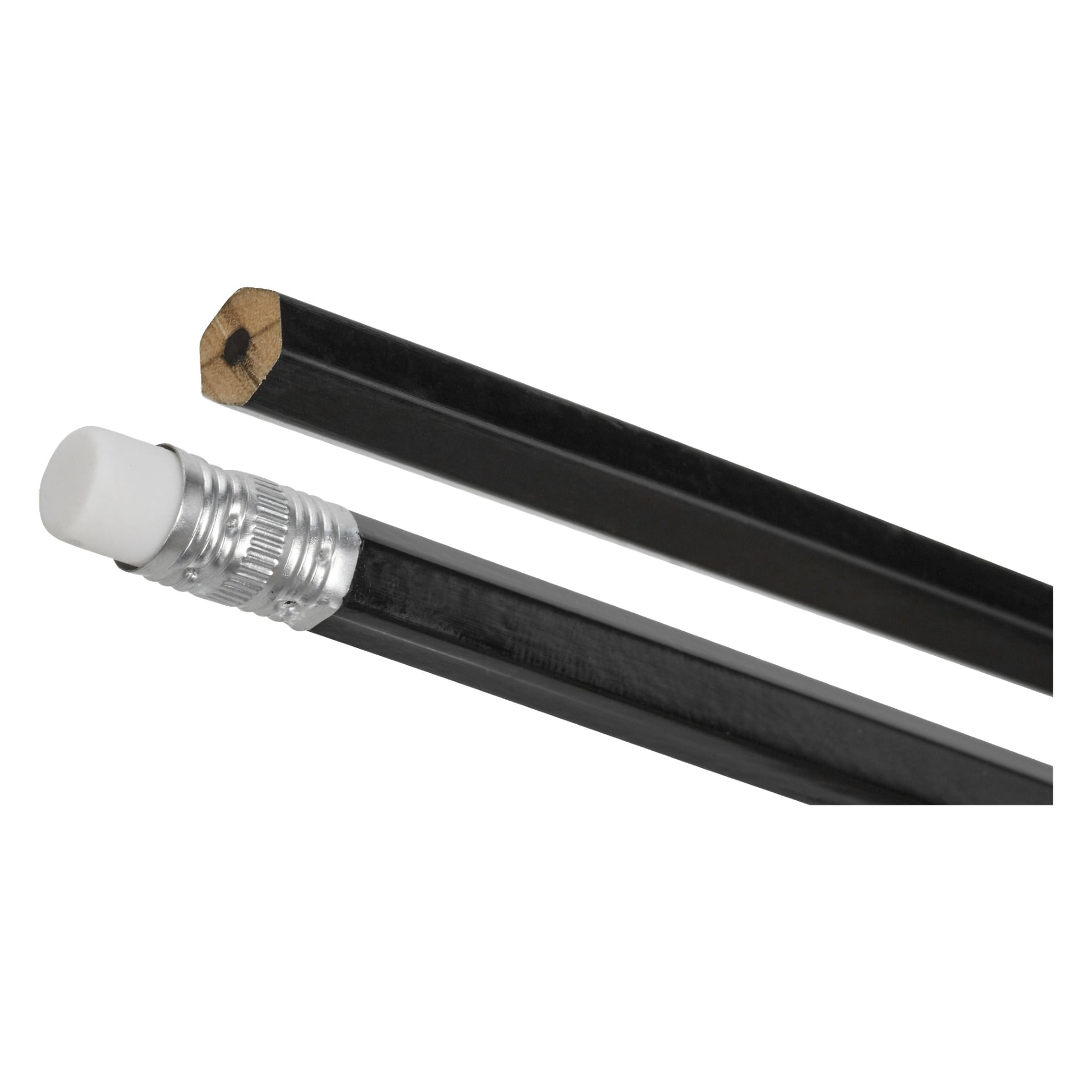 En spisset svart treblyant fra No brand EMW Pencils 10-pakken er avbildet, med den ene enden som viser en eksponert grafittkjerne og den andre utstyrt med et hvitt viskelær festet med en metallring.