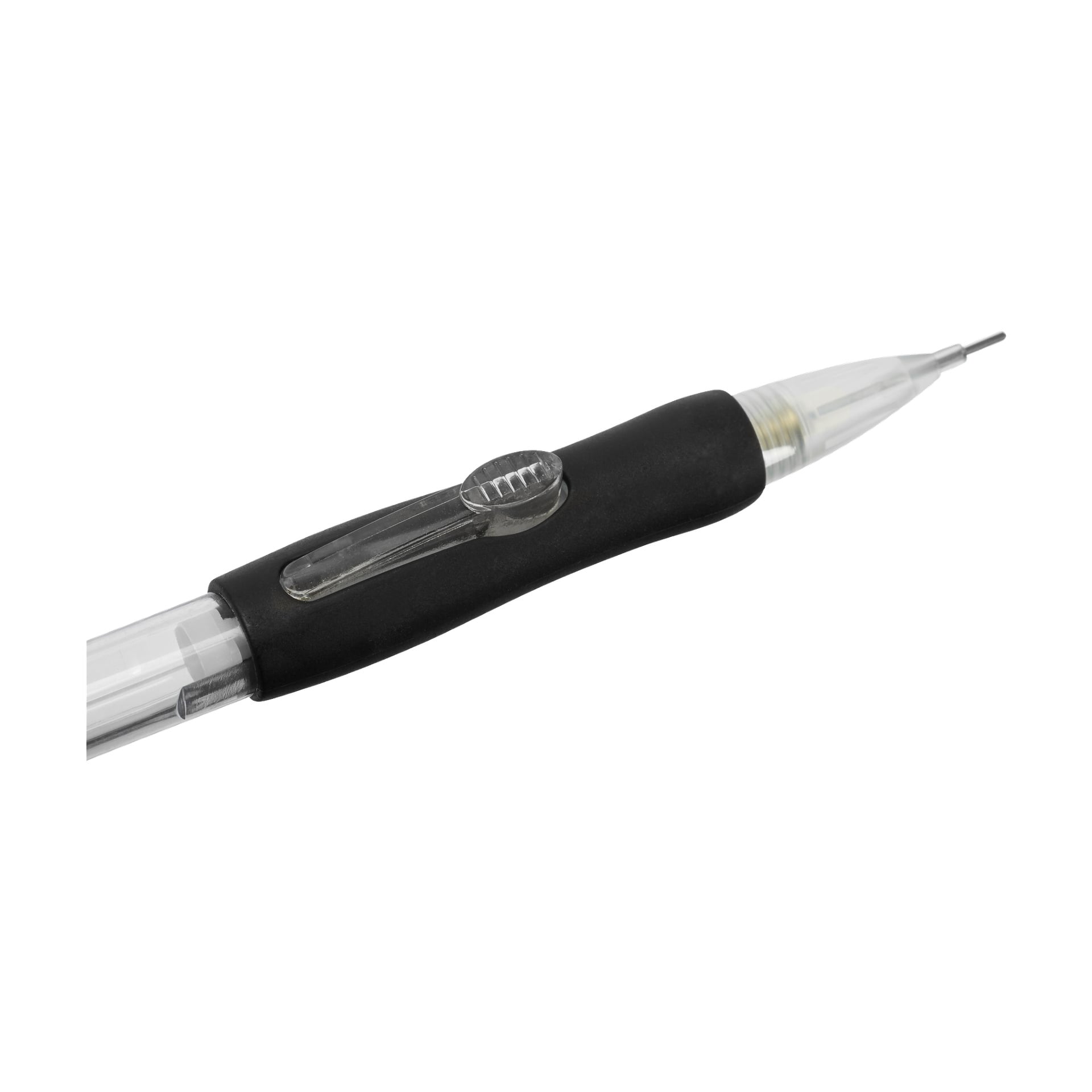 Närbild av en No-brand EMW Propelling-penna från en tvåpack, med sin transparenta pipa och svarta gummigrepp, med stiftet utdraget i spetsen. Ett silverklämma fästs vid greppet.