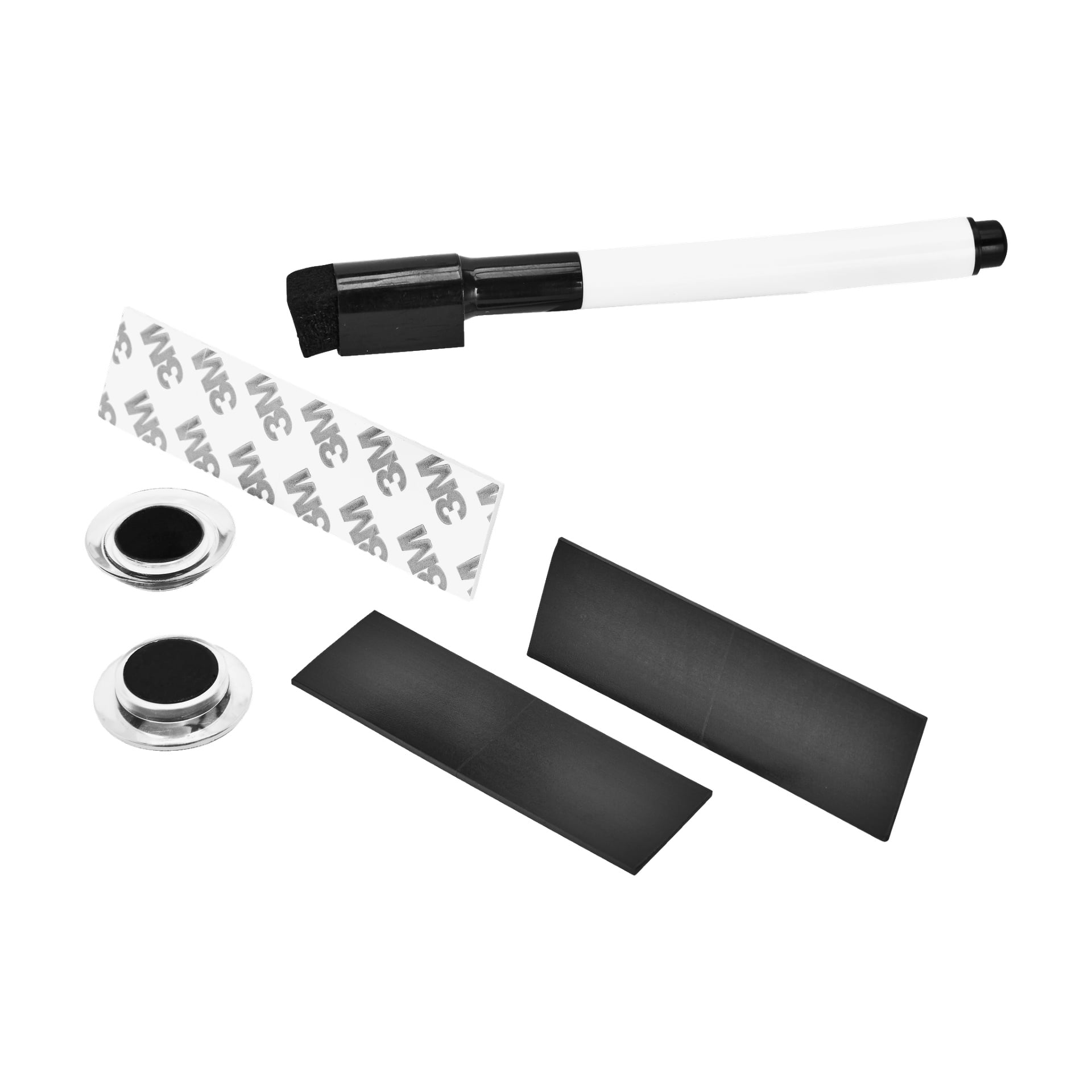 Et EMW-magnetkort fra et ukjent merke vises med en whiteboard-tusj som har viskelær, to sirkulære magneter, to rektangulære svarte striper og en selvklebende tapestripe.