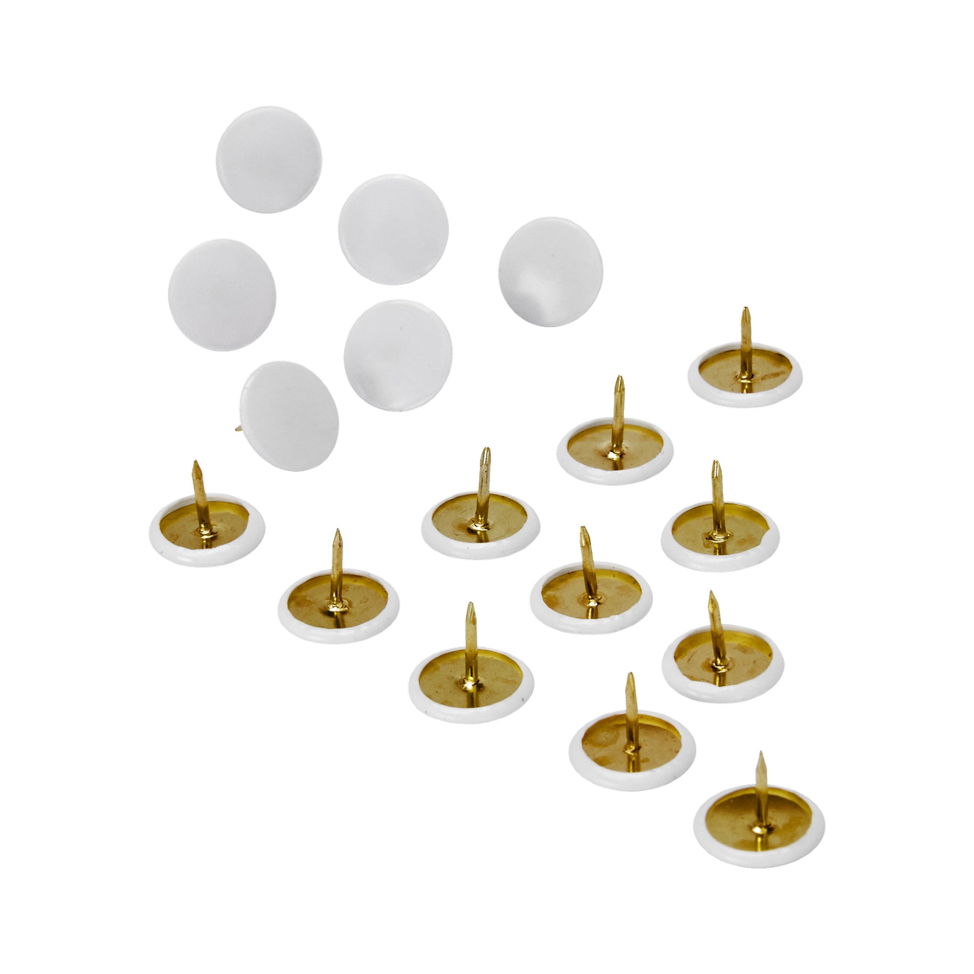 Tolv dragnålar från "Drawing pins 100 pack" från No brand EMW är arrangerade, varav sju visar sina vita platta toppar och fem är vända för att visa sina guldfärgade spetsar och baser.